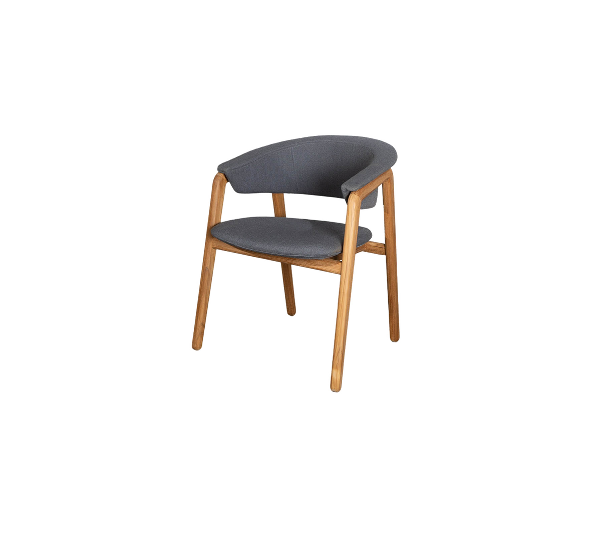 Stylischer Stuhl mit grauem Stoffsitz und geschwungenem Rückenlehne, unterstützt von Beinen aus Naturholz, bietet modernen Komfort und ästhetische Anziehungskraft.