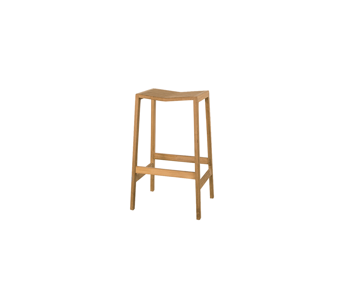 Ein einfacher Holzschemel mit natürlicher Oberfläche und vier Beinen, der eine unterstützende Fußstütze für zusätzlichen Komfort bietet.