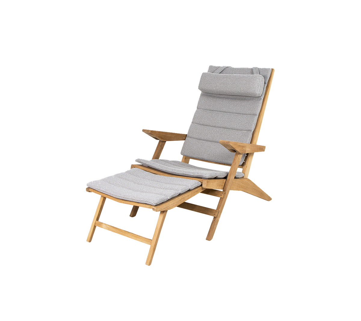 Ein bequemer Holzstuhl mit einem grauen gepolsterten Sitz und Rückenlehne, der über ein klappbares Design und eine passende Fußstütze verfügt.