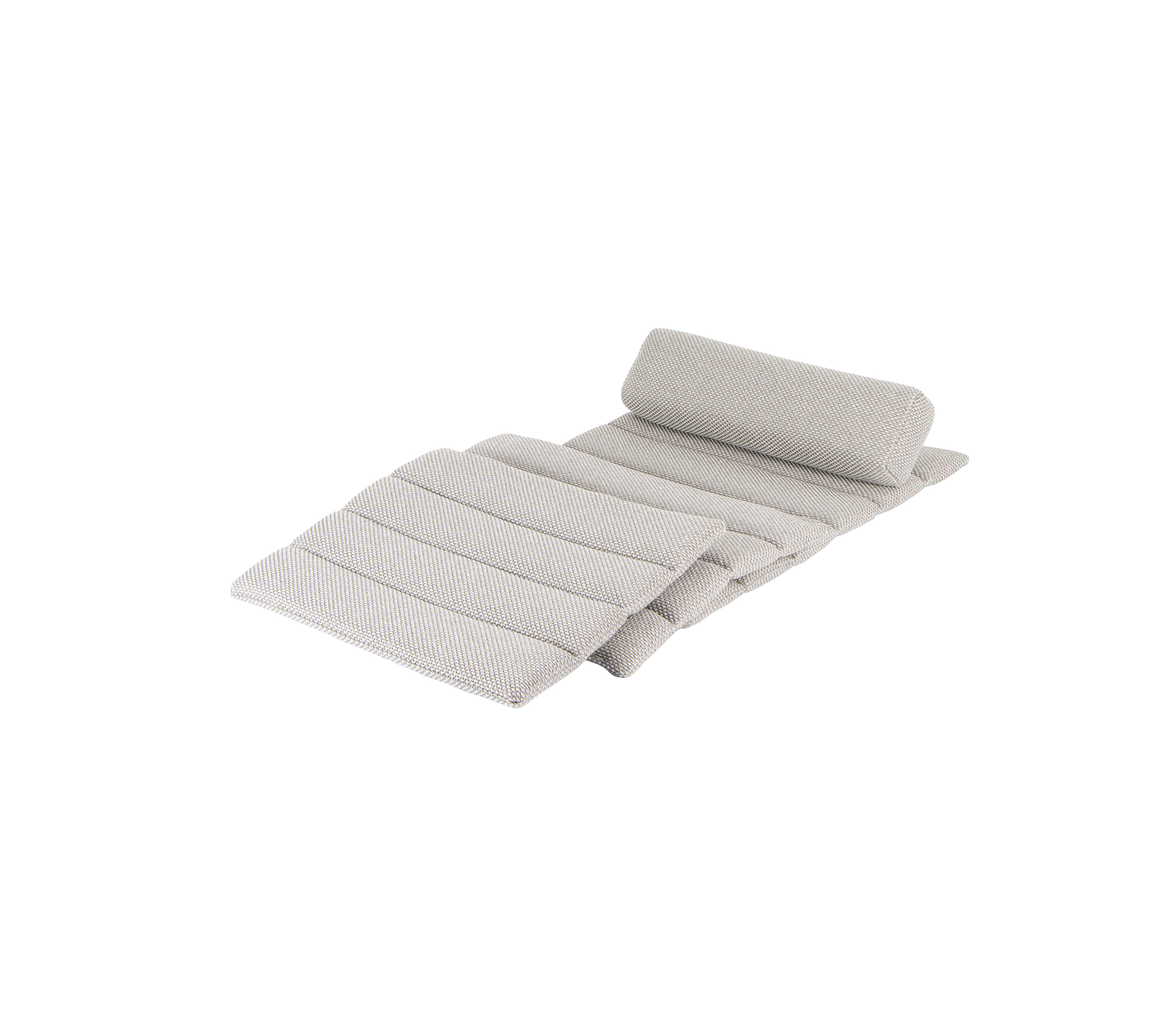 Hellgraue gepolsterte Matte mit einem gerollten Ende und mehreren horizontalen Falten für zusätzlichen Komfort. Ideal zum Entspannen oder Relaxen.