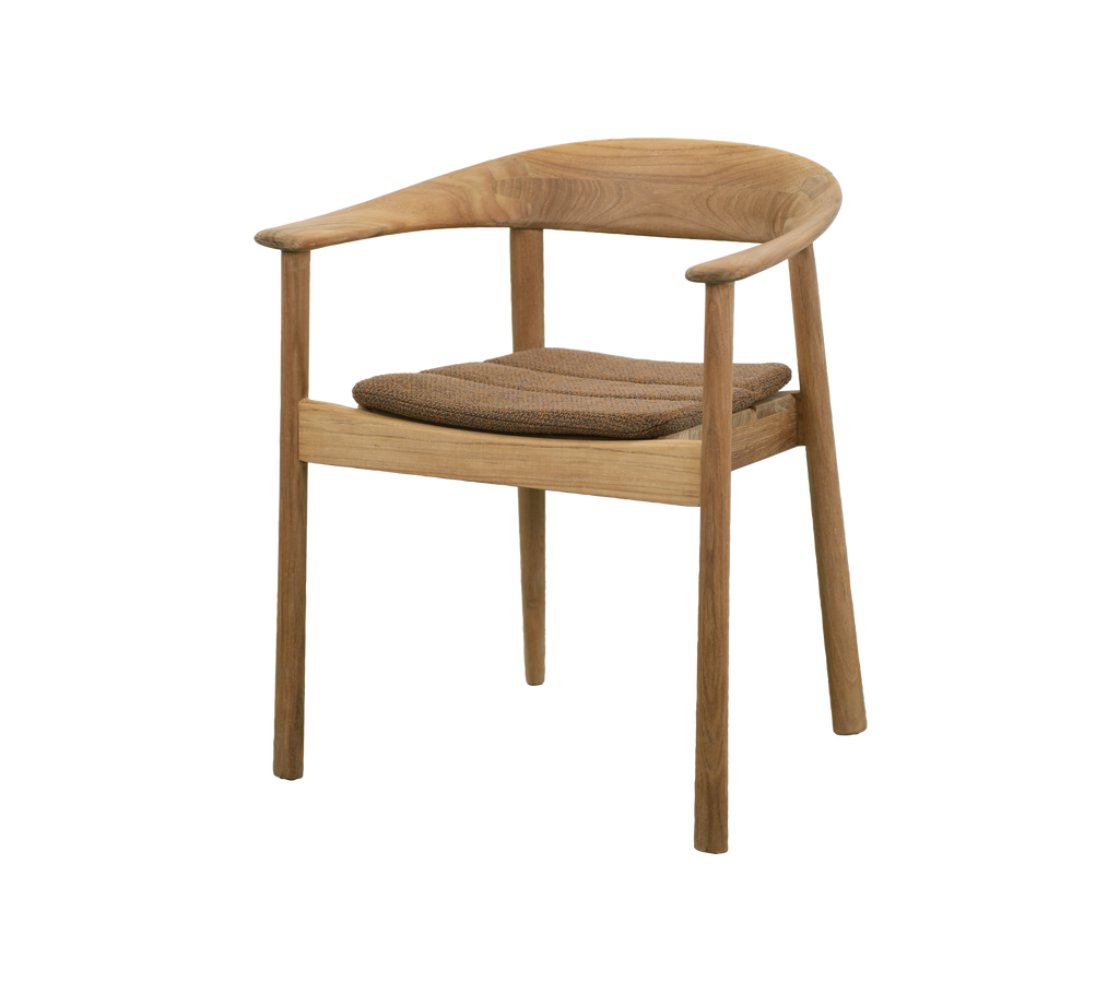 Teakstuhl mit umberbraunem Kissen in einem modernen Essbereich.