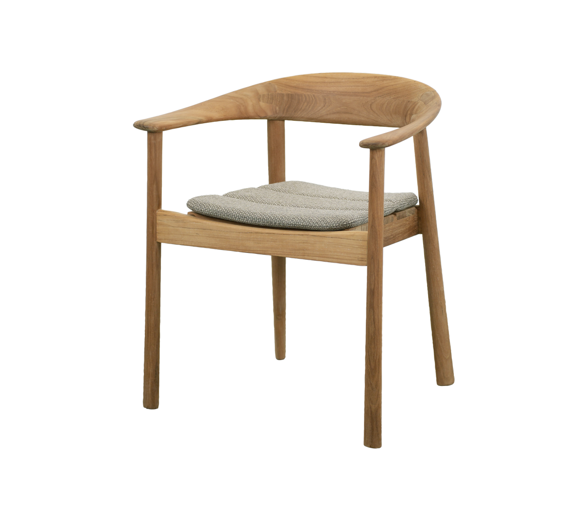 Teakstuhl mit grauem Kissen in modernem Design.