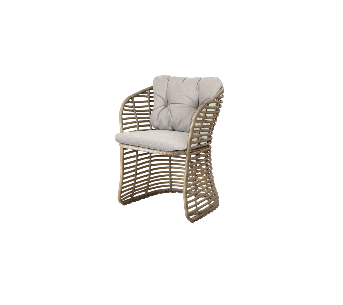 Stylischer geflochtener Stuhl mit gepolstertem Sitz und Rückenlehne in neutraler Farbe, perfekt für moderne Sitzarrangements.
