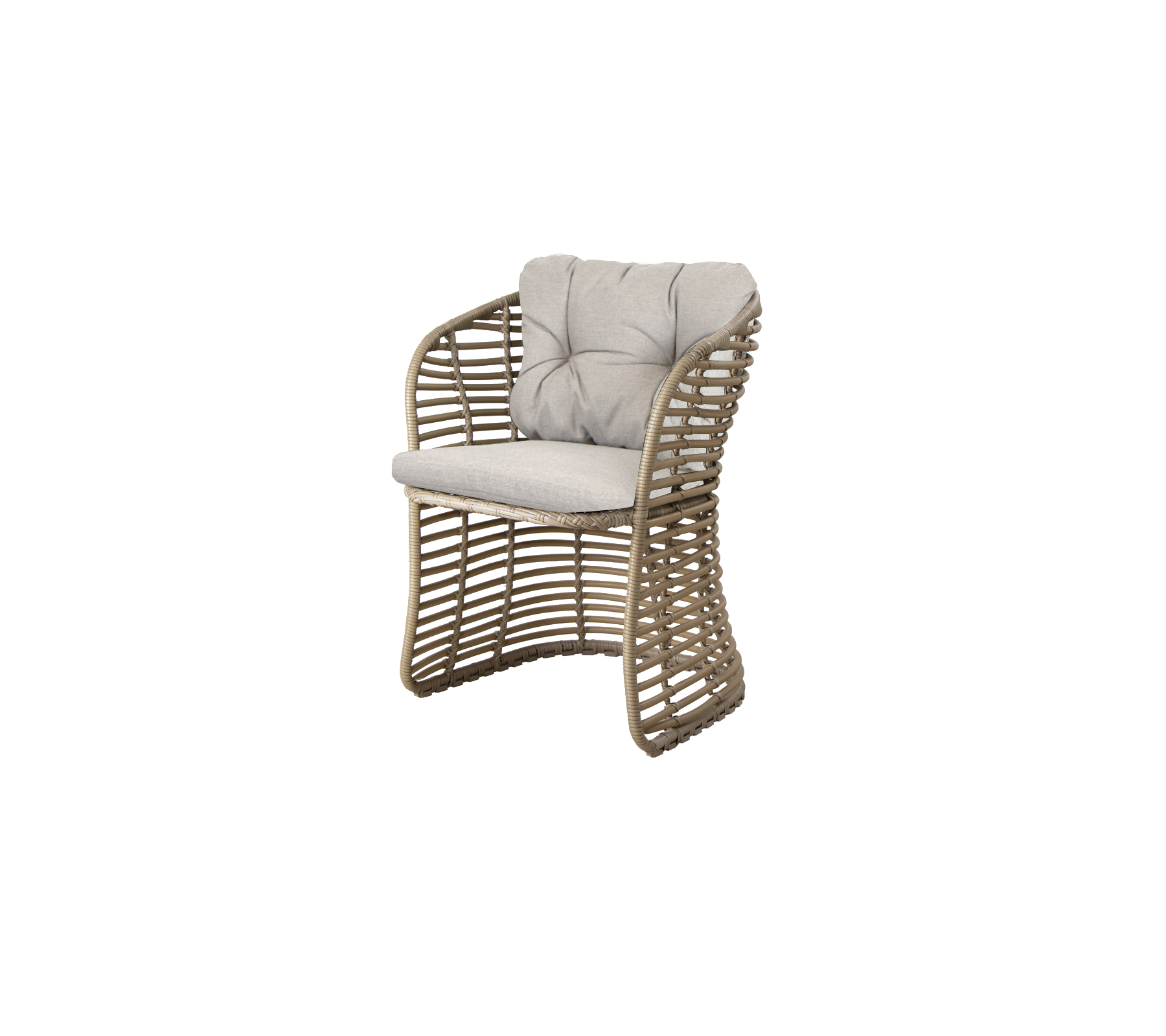 Stylischer geflochtener Stuhl mit gepolstertem Sitz und Rückenlehne in neutraler Farbe, perfekt für moderne Sitzarrangements.