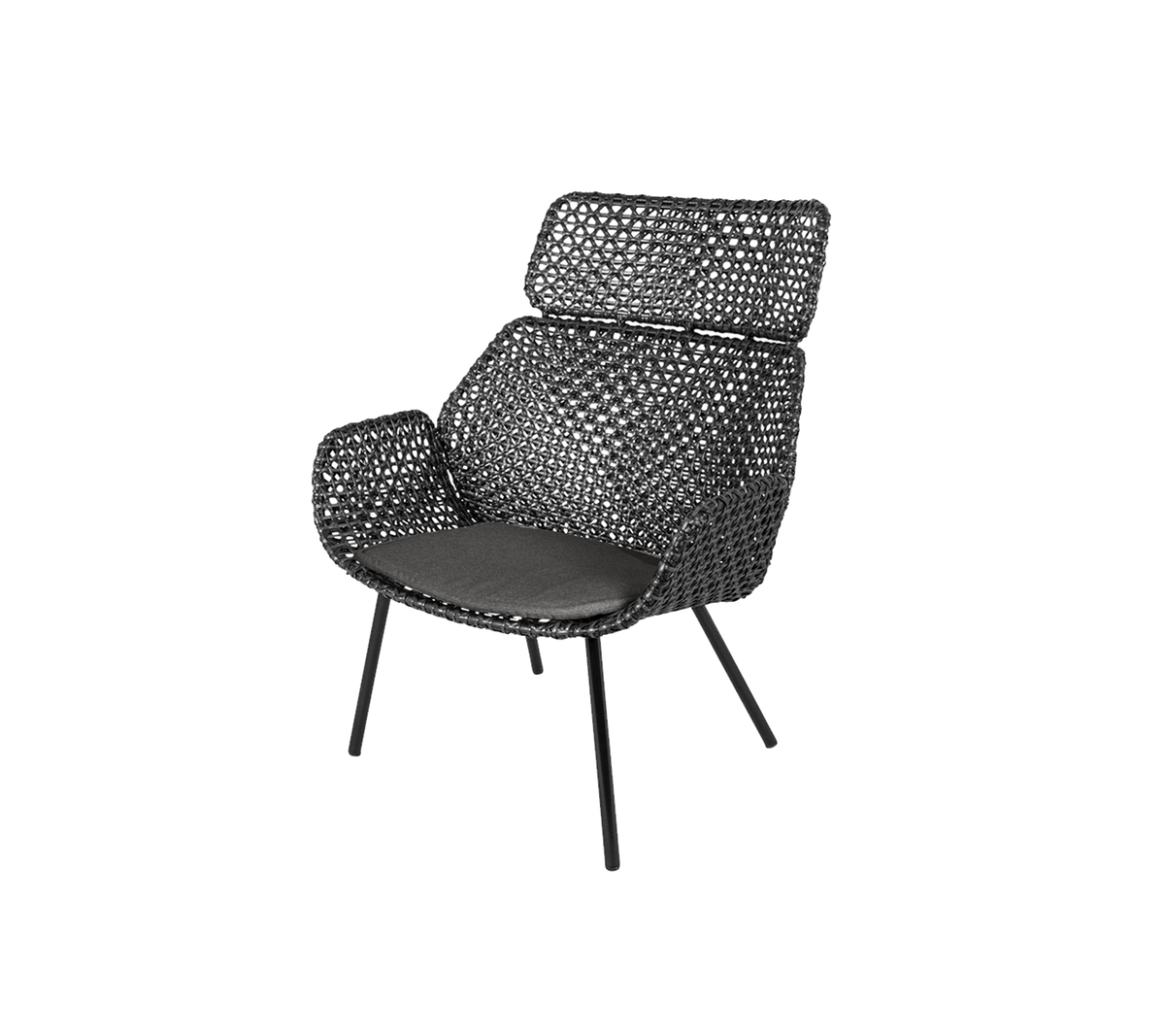 Stilvoller schwarzer Stuhl mit geflochtenem Design und gepolstertem Sitz, mit einer geschwungenen Rückenlehne und schlanken Beinen für modernes Sitzen.