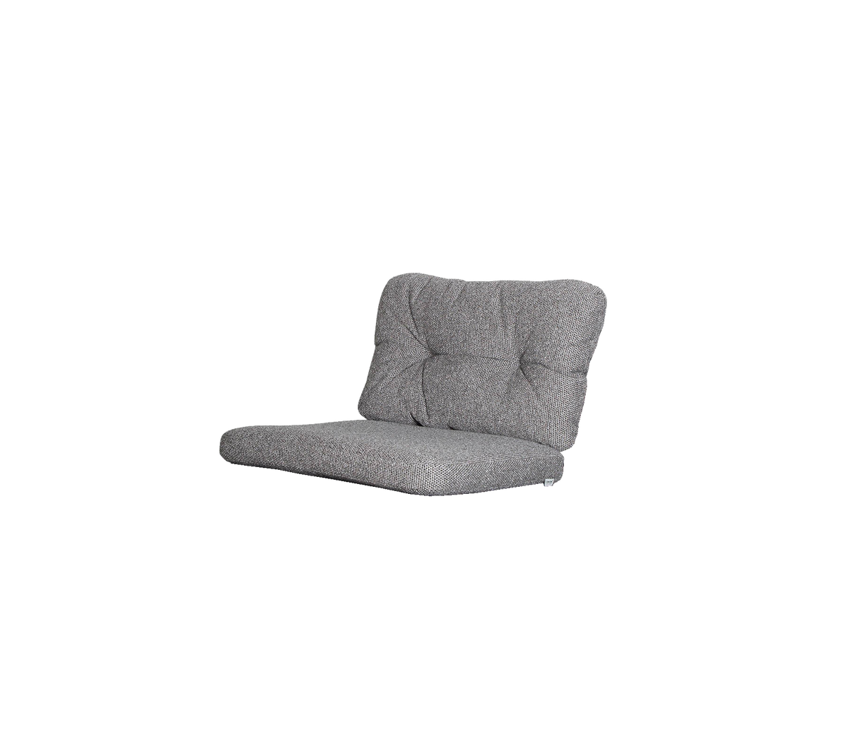 Grauer gepolsterter Lounge-Stuhl mit tuftetem Rücken und niedrigem Design, ideal für informelles Sitzen und entspanntes Verweilen.