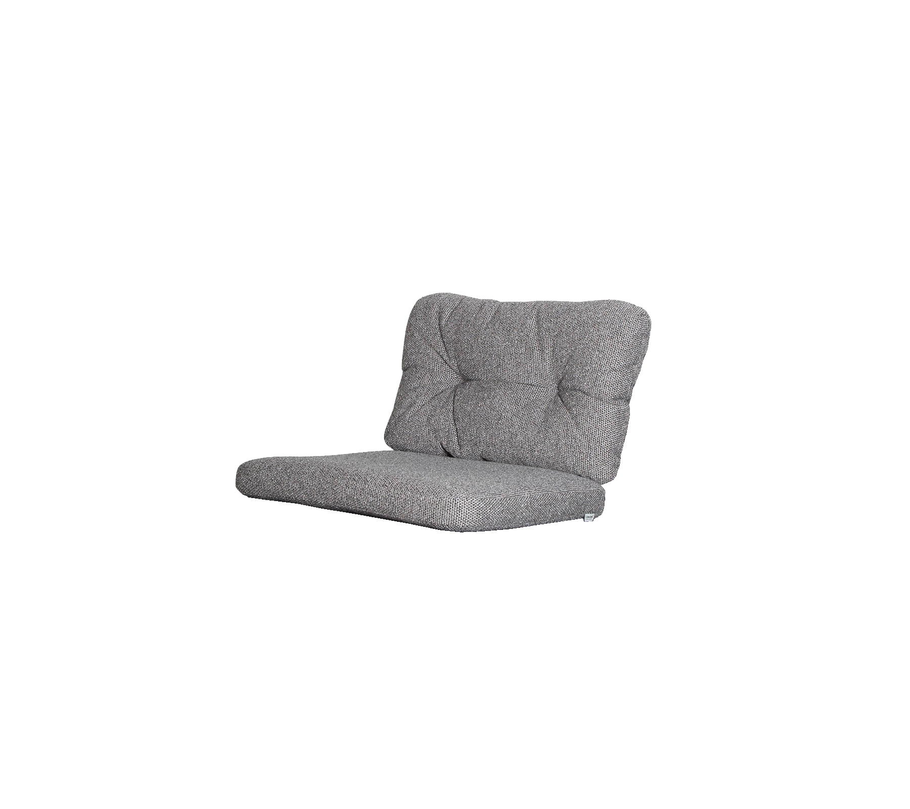 Grauer gepolsterter Lounge-Stuhl mit tuftetem Rücken und niedrigem Design, ideal für informelles Sitzen und entspanntes Verweilen.
