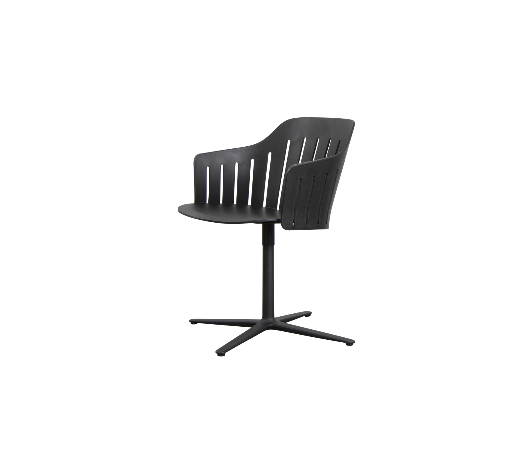 Stylischer schwarzer Stuhl mit gebogener Rückenlehne, Lamellen-Design und einem 4-beinigen Gestell für modernes Sitzen.
