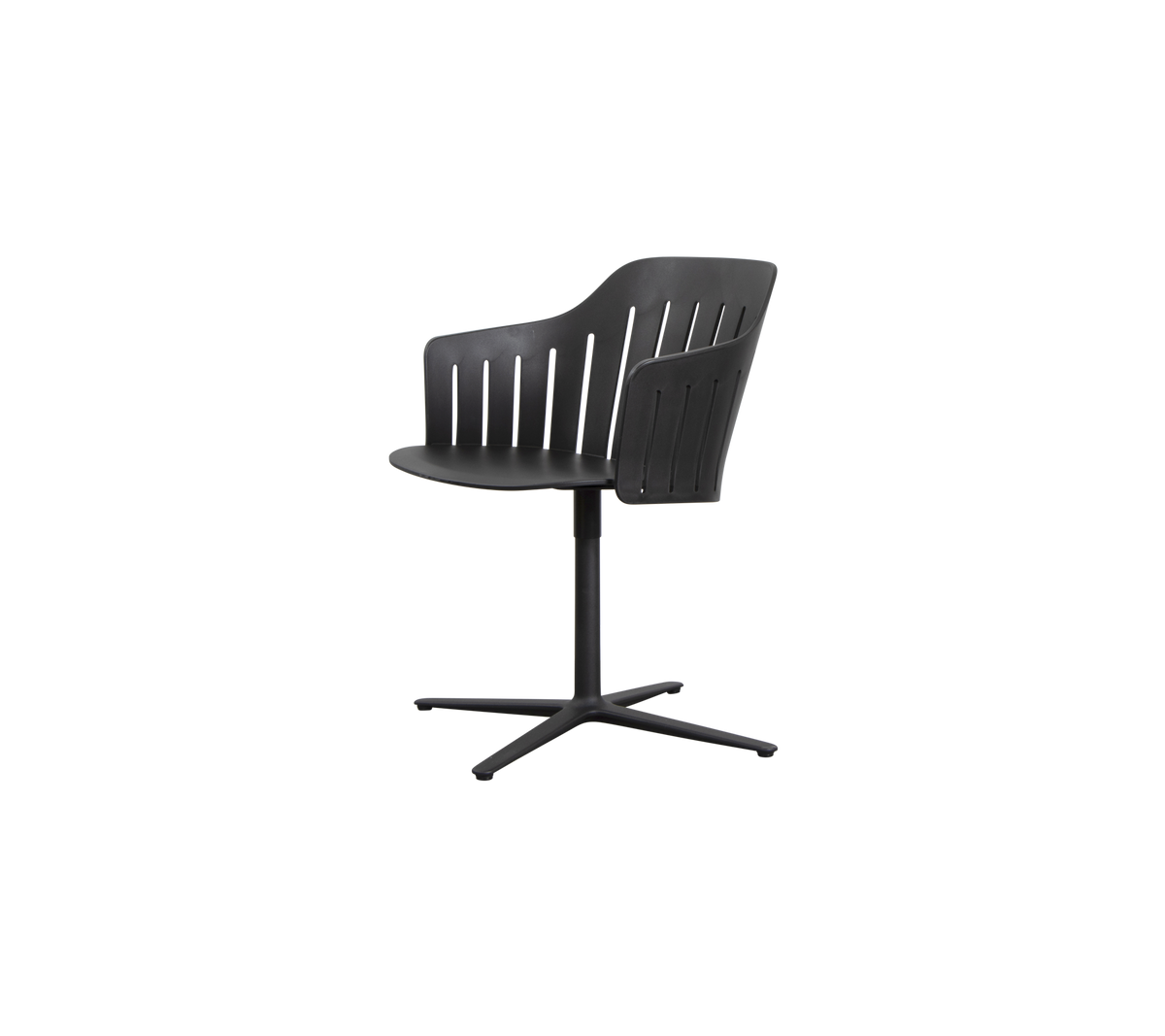 Stylischer schwarzer Stuhl mit gebogener Rückenlehne, Lamellen-Design und einem 4-beinigen Gestell für modernes Sitzen.