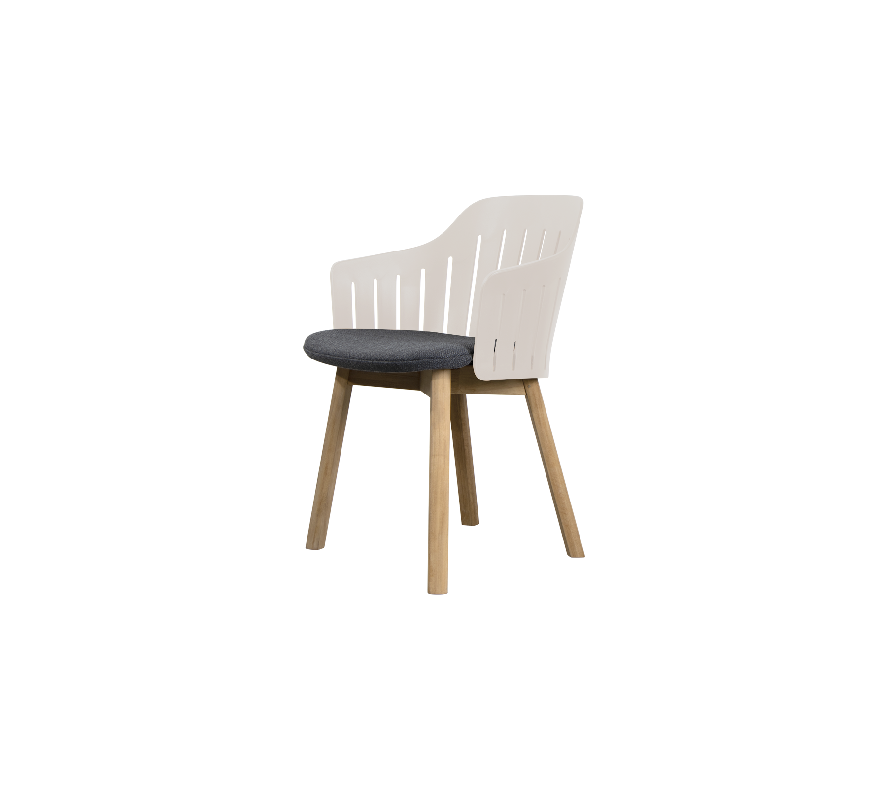 Moderne weiße Stuhl mit grauem Kissen.