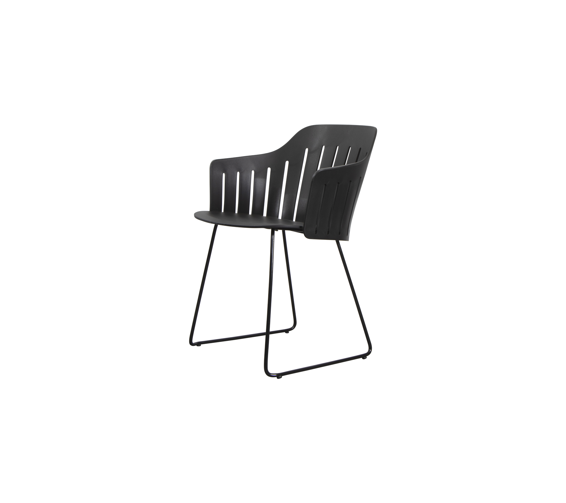 Stylischer Stuhl mit schlankem Design, gewölbter Rückenlehne und stabilen Metallbeinen, ideal für modernes Sitzen.