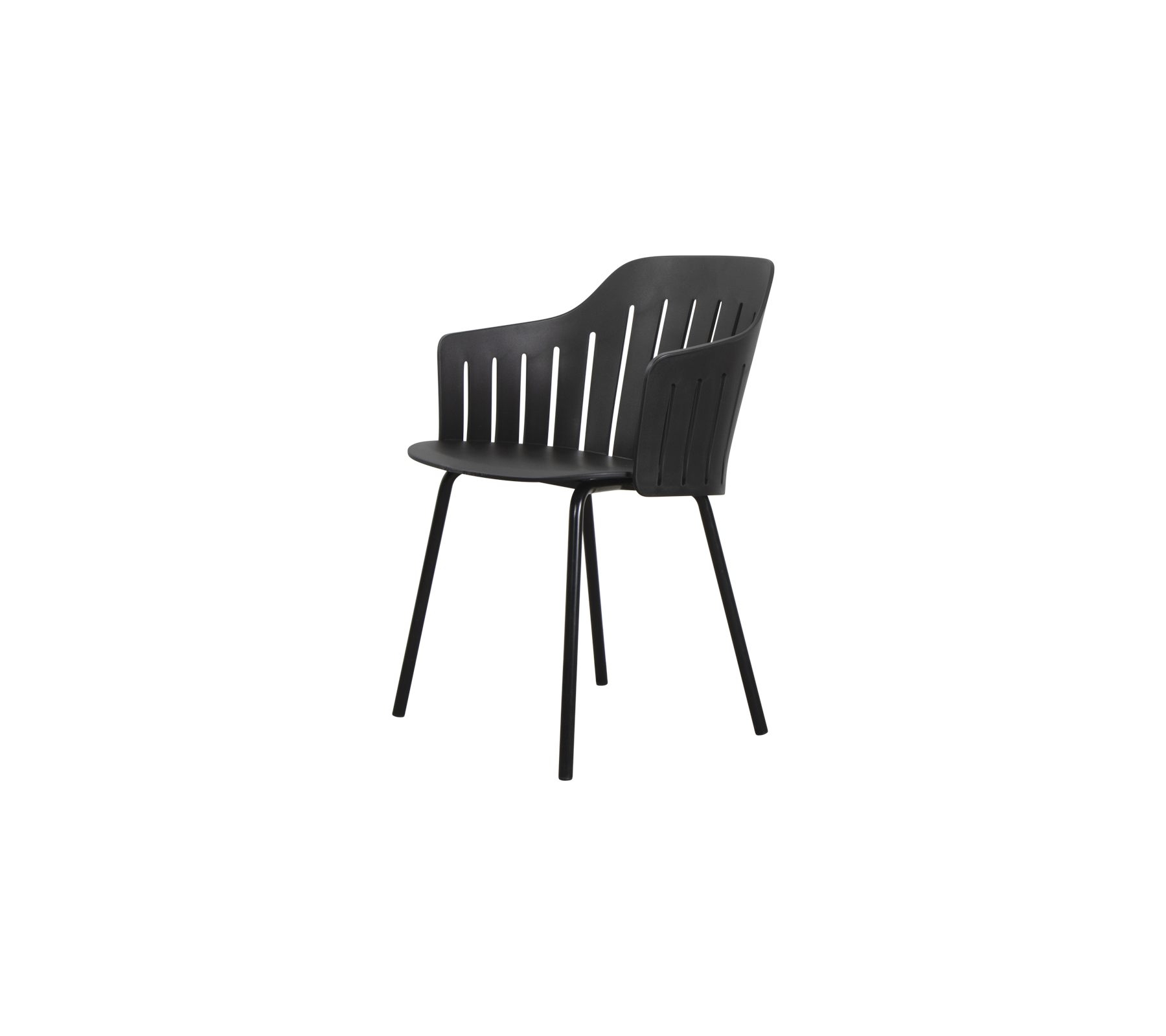 Stylischer schwarzer Stuhl mit einer geschwungenen Rückenlehne und stabilen Beinen, ideal für moderne Räume und vielseitige Verwendung.