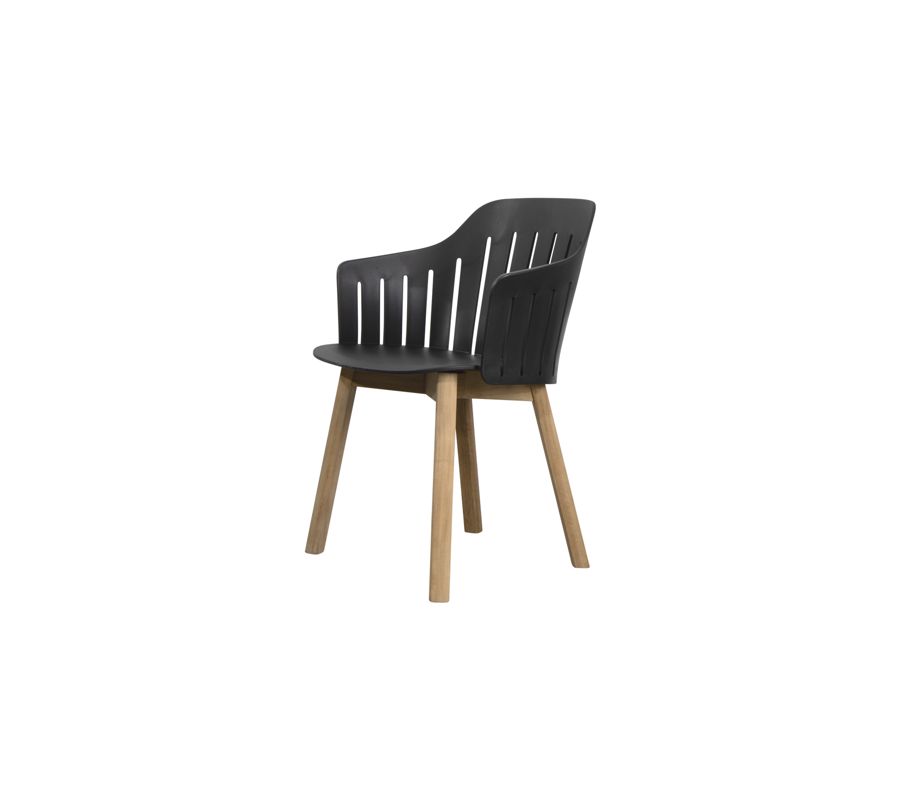 Eleganter, moderner Stuhl mit einer geformten Sitzfläche, einem lamellierten Rücken und Holzbeinen für Stil und Komfort.