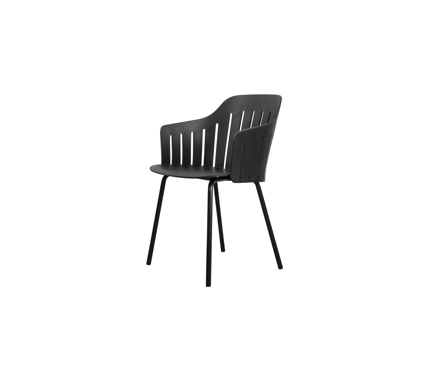 Stilstuhl mit Lamellenrücken-Design, der langlebige Beine für Stabilität und eine ergonomische Form für Komfort bietet.