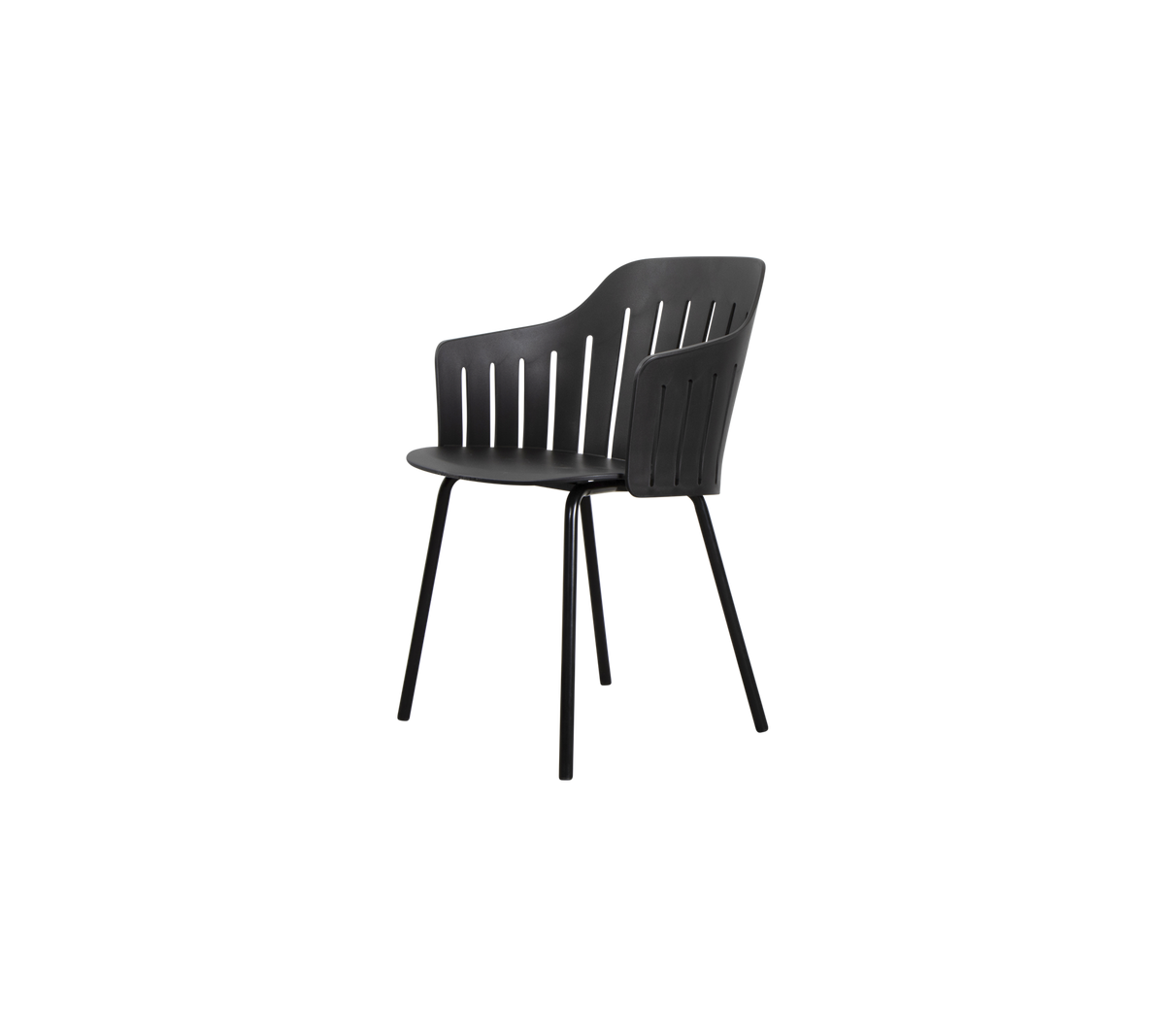 Stilstuhl mit Lamellenrücken-Design, der langlebige Beine für Stabilität und eine ergonomische Form für Komfort bietet.