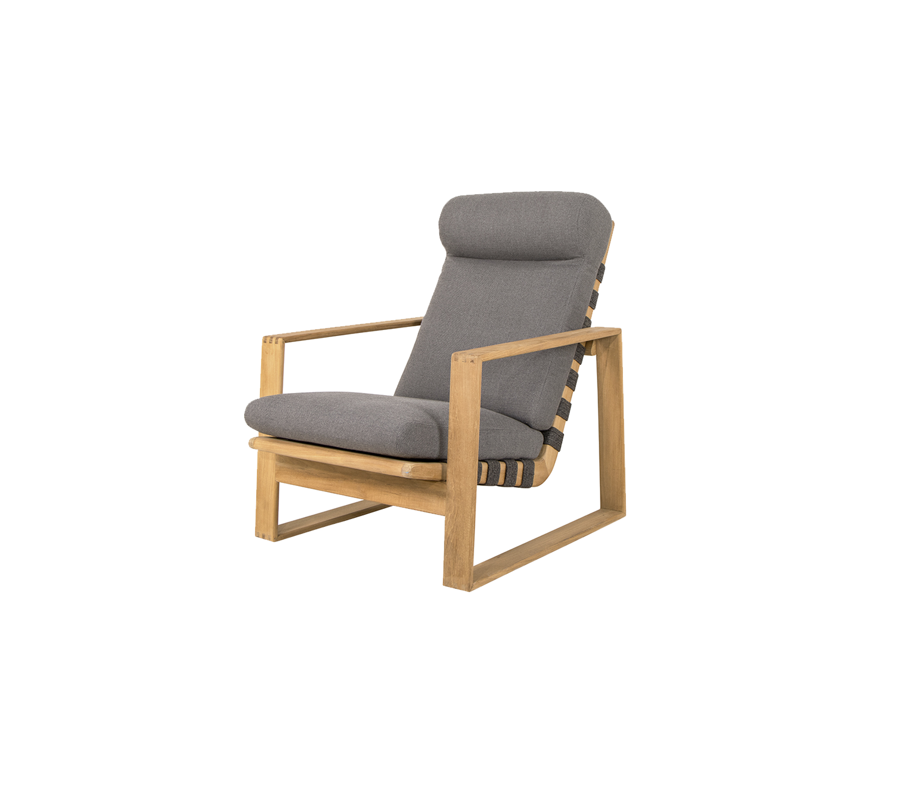 Stilvoller Stuhl mit einem Holzrahmen und bequemen grauen Kissen, perfekt zum Entspannen und für moderne Dekoration.