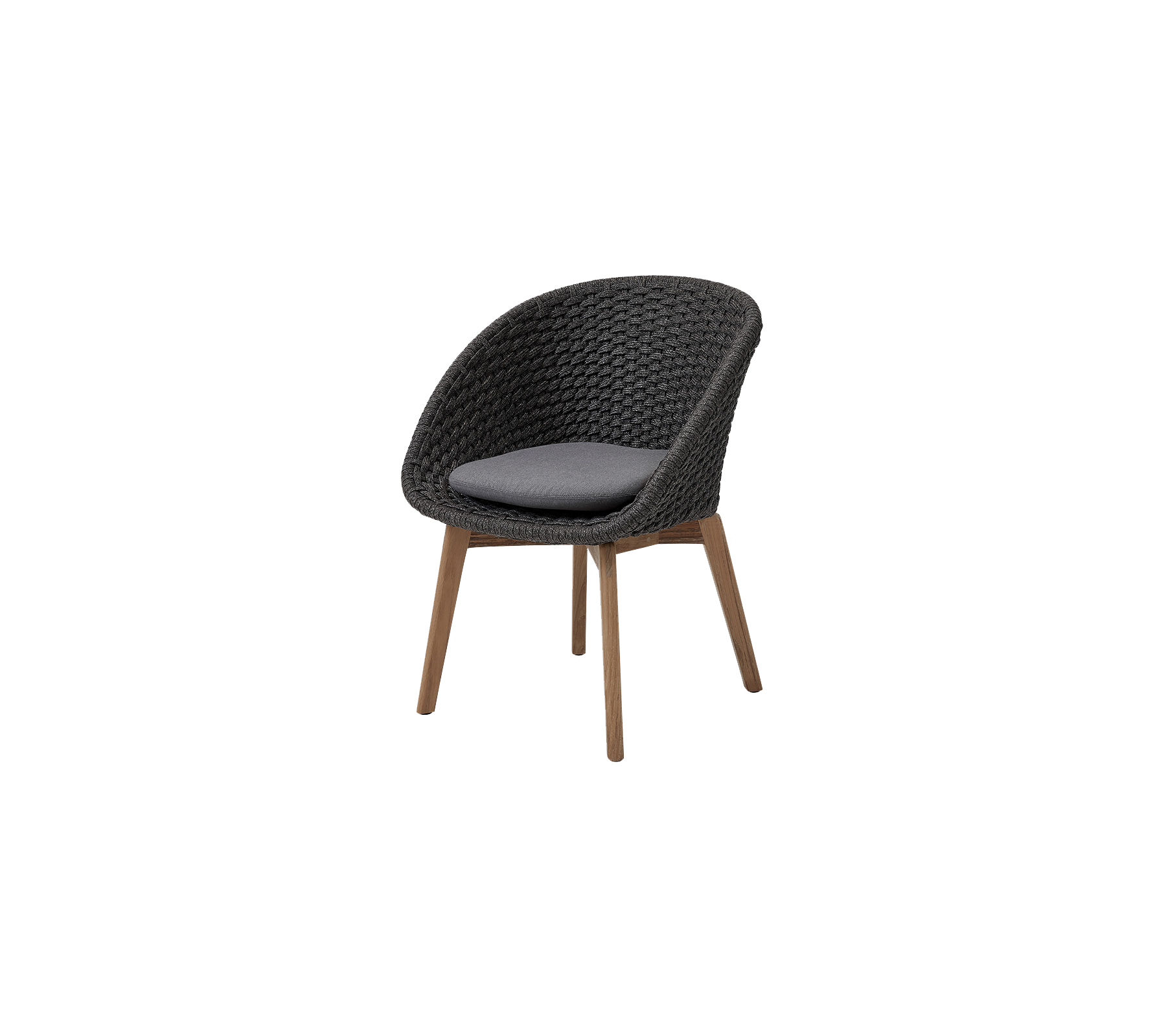Stylischer Stuhl mit einem gewebten Design und einem gepolsterten Sitz, ergänzt durch Holzbeine für zusätzliche Eleganz und Komfort.