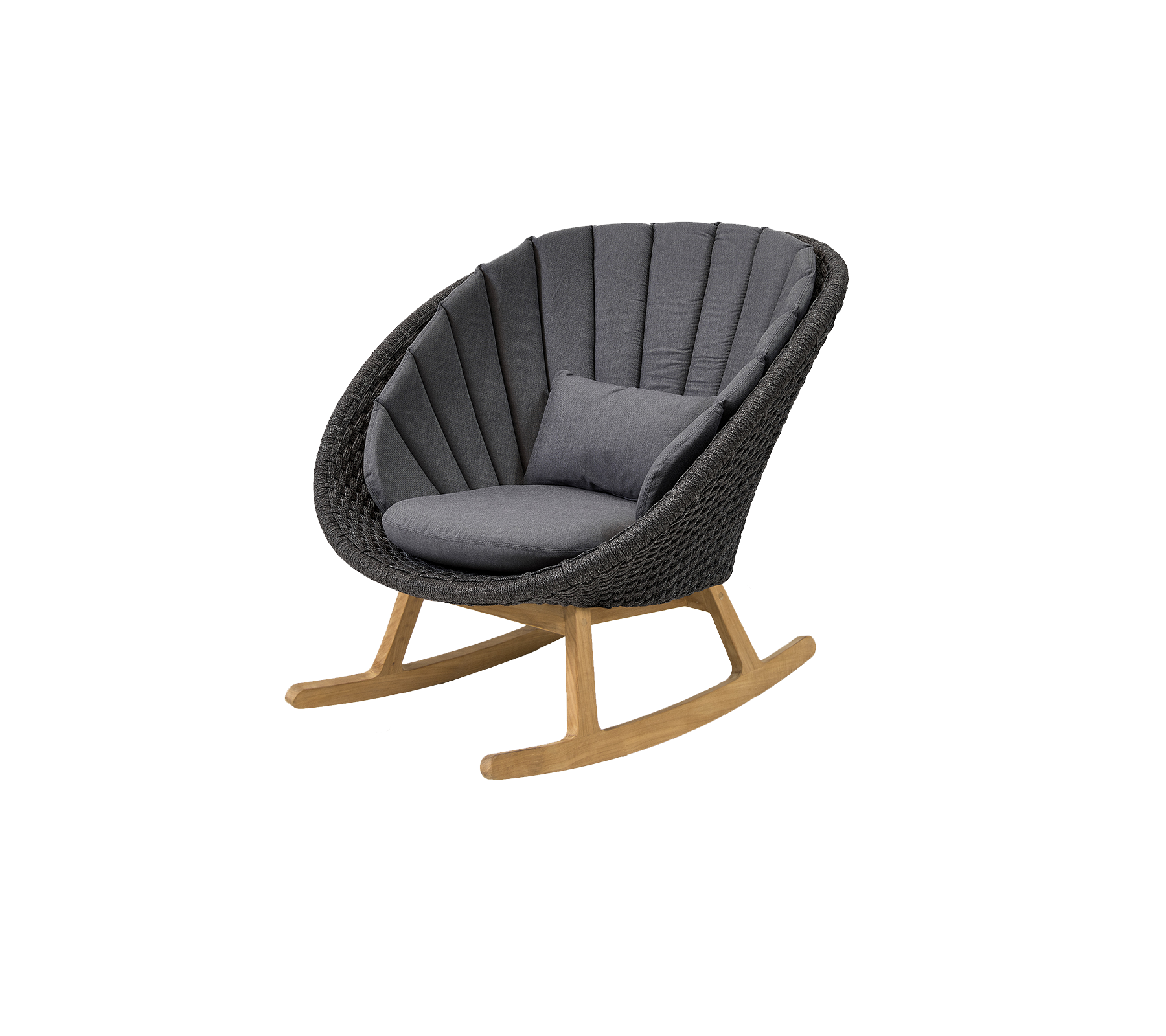 Stilvoller Schaukelstuhl mit geschwungenem Design, ausgestattet mit einem bequemen grauen Kissen und einem natürlichen Holzgestell für einen modernen Touch.