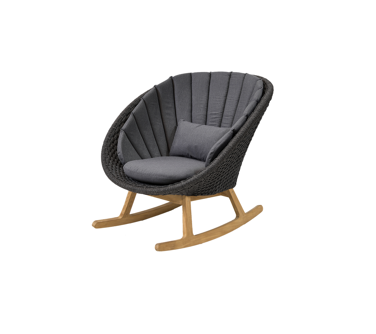 Stilvoller Schaukelstuhl mit geschwungenem Design, ausgestattet mit einem bequemen grauen Kissen und einem natürlichen Holzgestell für einen modernen Touch.