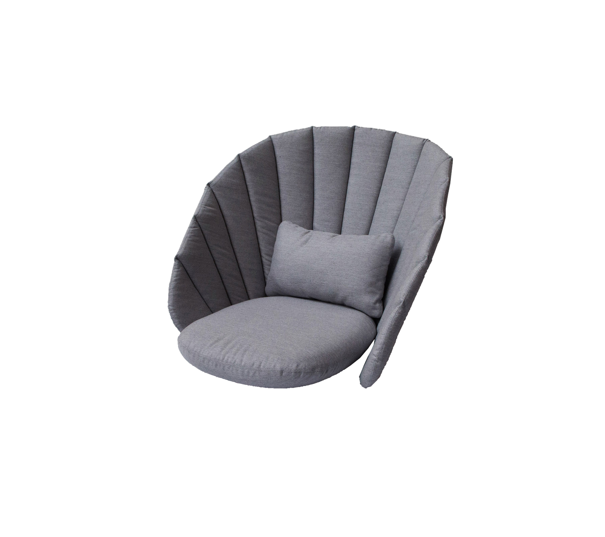 Stylischer grauer Lounge-Stuhl mit abgerundetem Design und einem flauschigen Kissen, das eine gemütliche Sitzgelegenheit bietet.