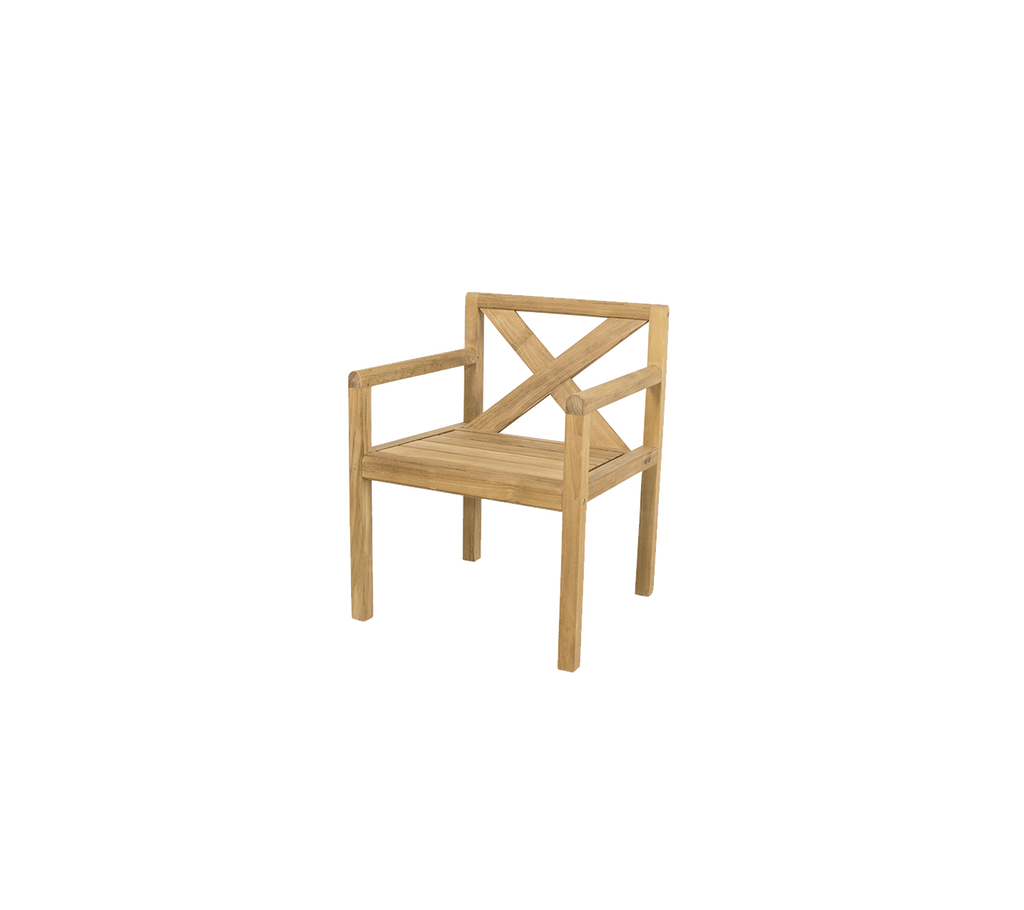 Teakstuhl mit Kreuzrücken-Design.