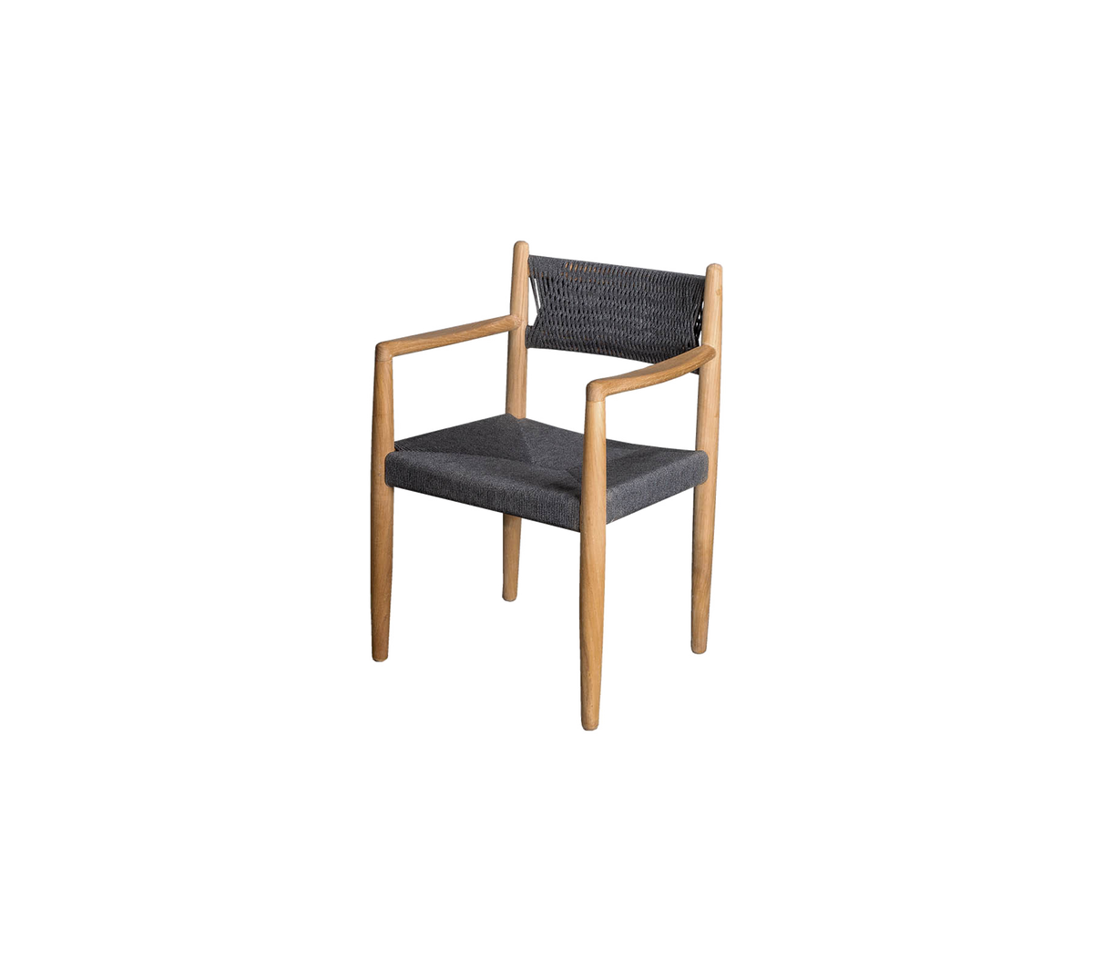 Stylischer Stuhl mit Holzrahmen und dunkler Stoffpolsterung, ausgestattet mit Armlehnen und einem zeitgemäßen Design.