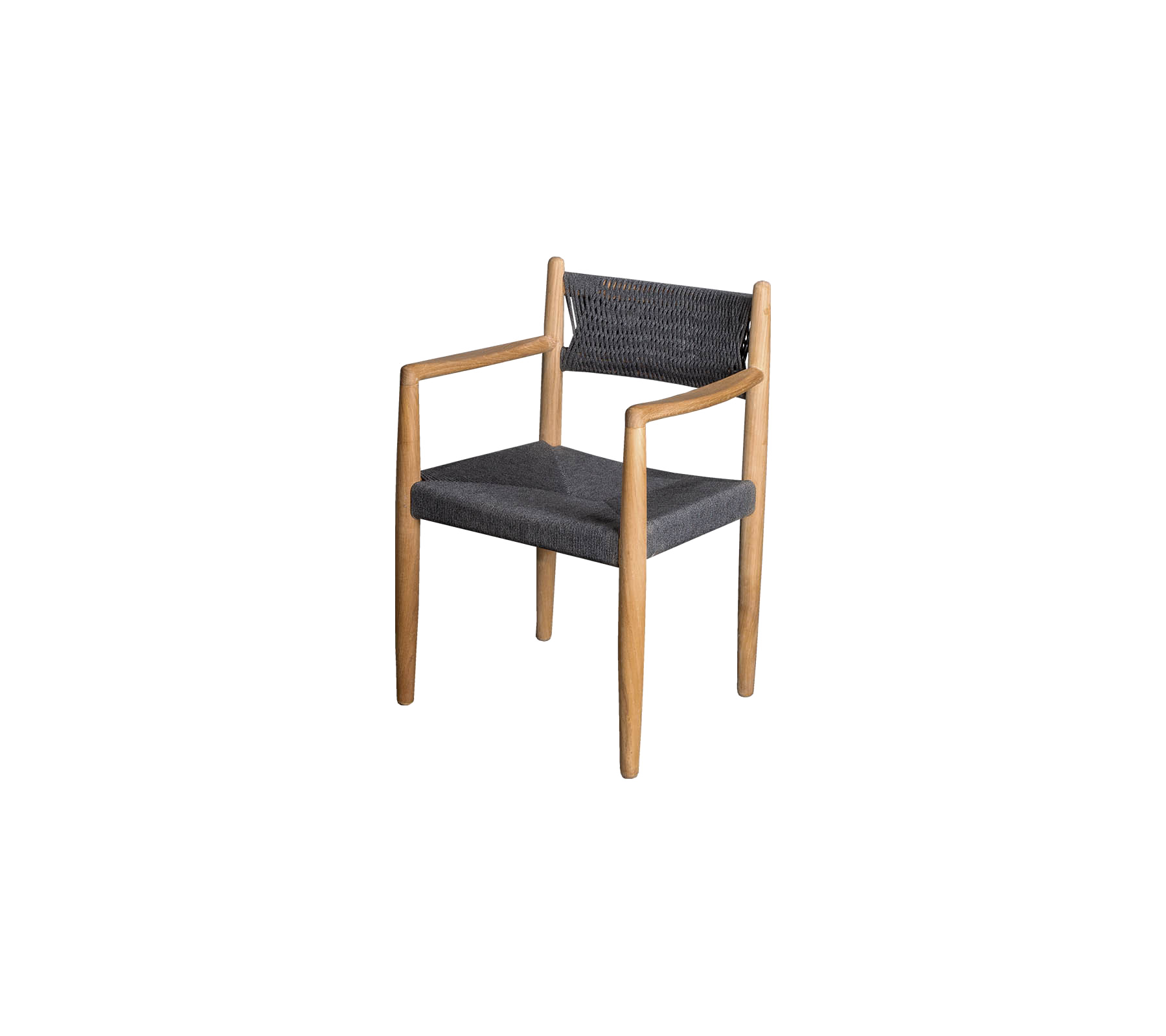 Stylischer Stuhl mit Holzrahmen und dunkler Stoffpolsterung, ausgestattet mit Armlehnen und einem zeitgemäßen Design.