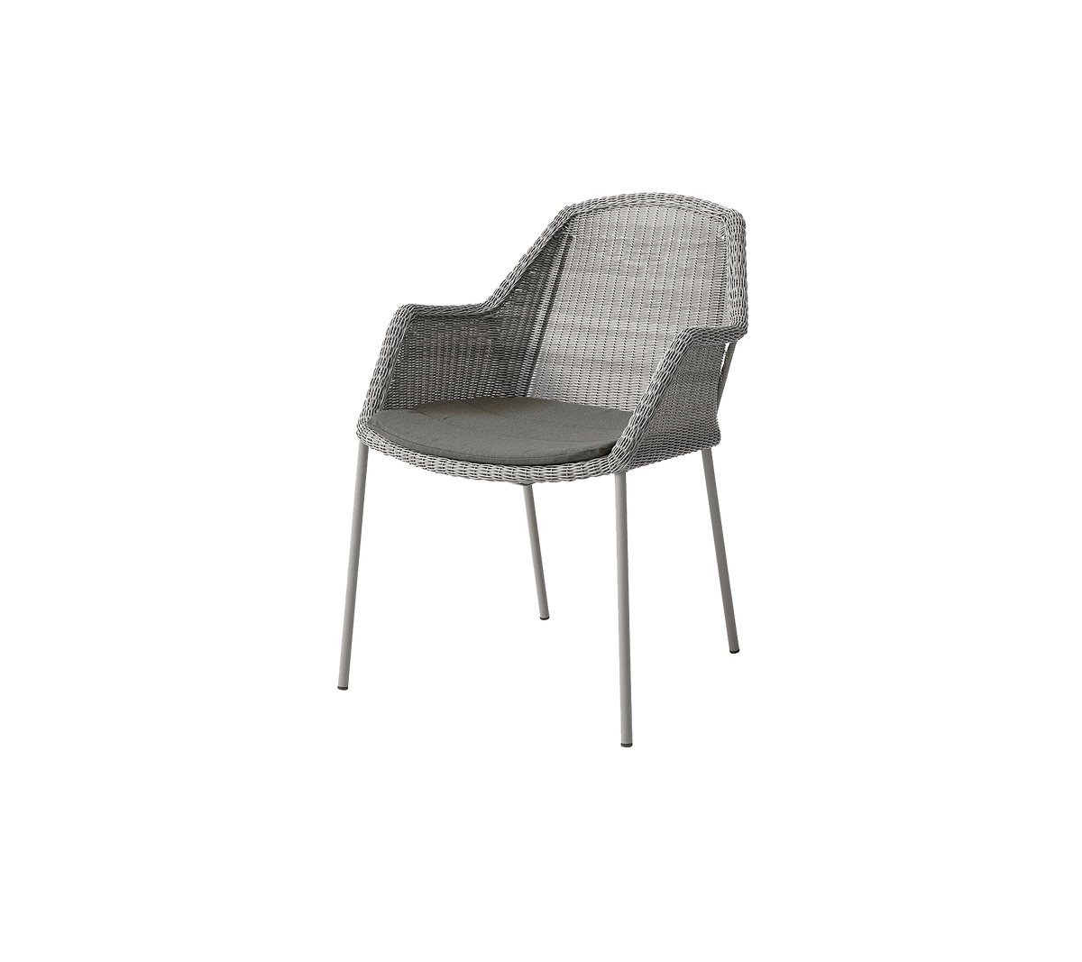 Ein moderner Stuhl mit einem gewebten Design und einem gepolsterten Sitz, der von schlanken Metallbeinen in einem neutralen Grauton unterstützt wird.