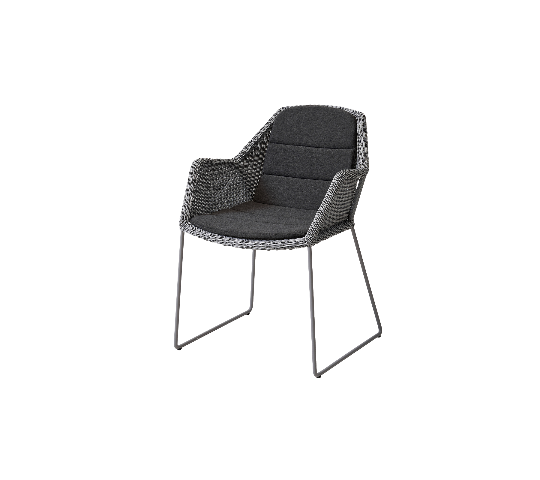 Stilvoller Stuhl mit einem gewebten Design, plüschigen Kissen und schlanken Metallbeinen, ideal für moderne Umgebungen.
