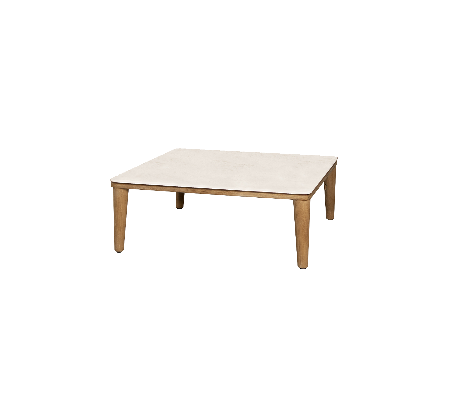 Quadratischer Tisch mit einer hellen Tischplatte und Holzbeinen, der ein minimalistisches Design bietet, das für verschiedene Umgebungen geeignet ist.