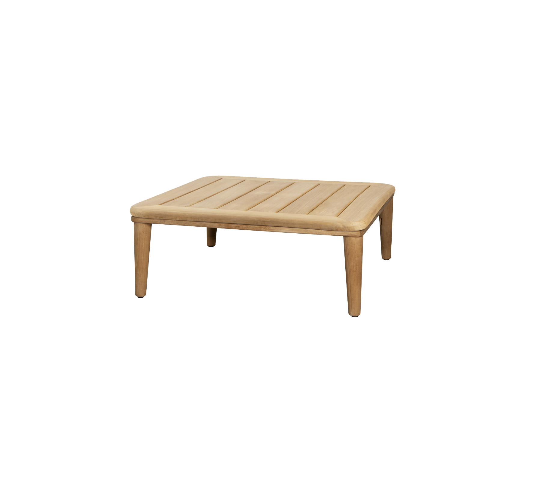 Quadratischer Holztisch mit einer lamellenförmigen Oberfläche und vier stabilen Beinen, entworfen für vielseitige Verwendung in verschiedenen Umgebungen.