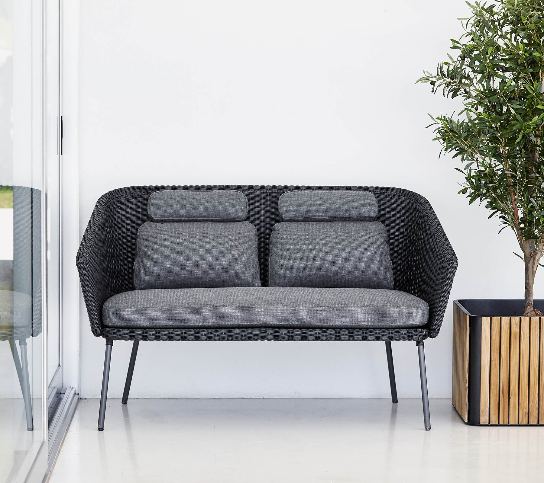 Stylische schwarze Sofas mit grauen Kissen, ergänzt durch eine Topfpflanze in einem Holzblumentopf. Modernes und minimalistisches Design.