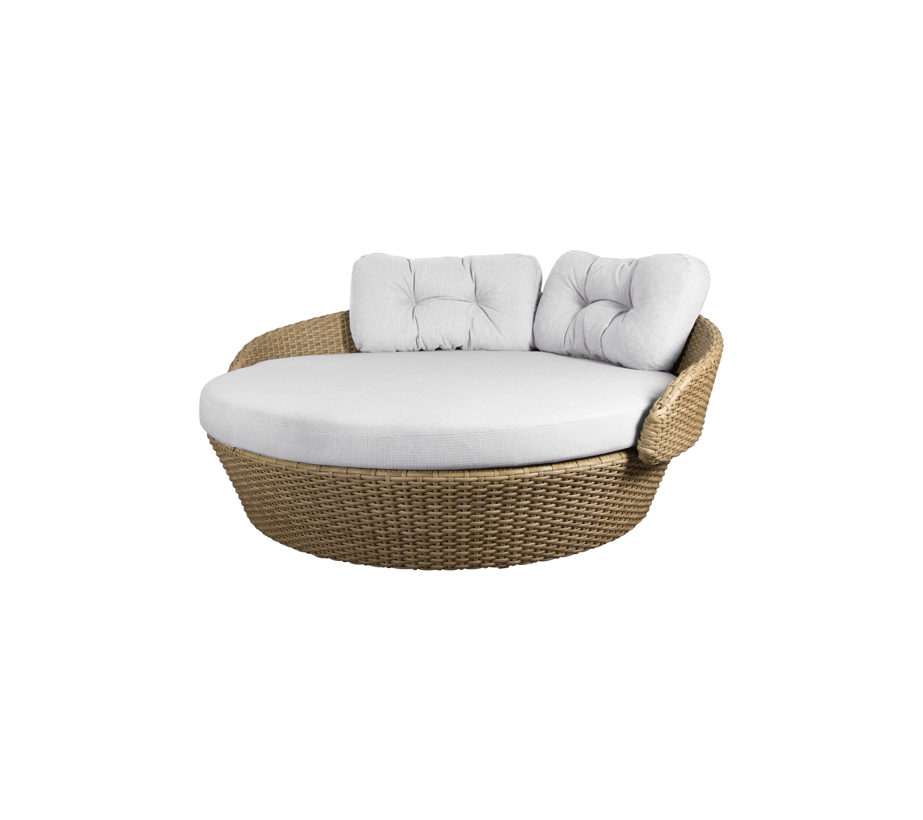 Runder Rattan-Lounge-Stuhl mit einem weichen weißen Kissen und zwei Rückenpolstern für Komfort. Ideal zur Entspannung.