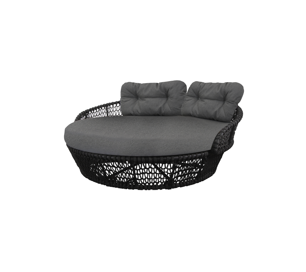 Rundes, gepolstertes Sitzmöbel mit einem geflochtenen Fuß, das über zwei Rückenlehnen und ein elegantes Design verfügt, ideal zum Entspannen.