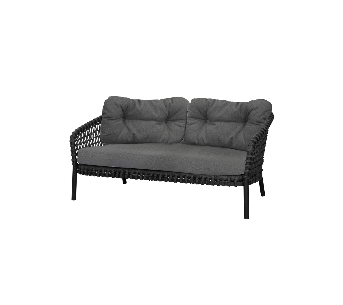 Stylische Zweisitzer-Sofa mit einem schlanken schwarzen Rahmen und weichen grauen Kissen für Komfort und Eleganz. Perfekt für moderne Sitzgelegenheiten.