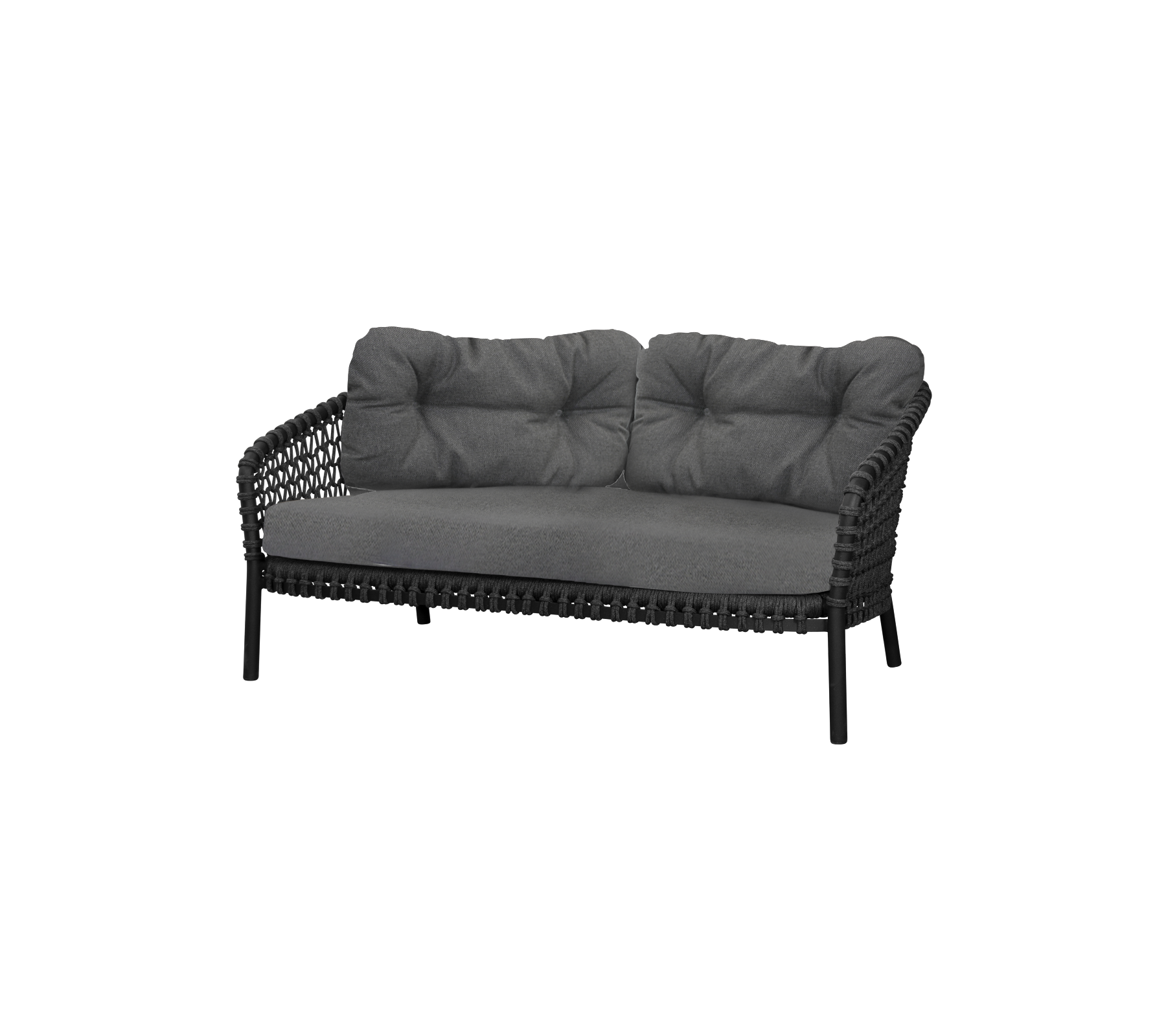 Stylische Zweisitzer-Sofa mit einem schlanken schwarzen Rahmen und weichen grauen Kissen für Komfort und Eleganz. Perfekt für moderne Sitzgelegenheiten.