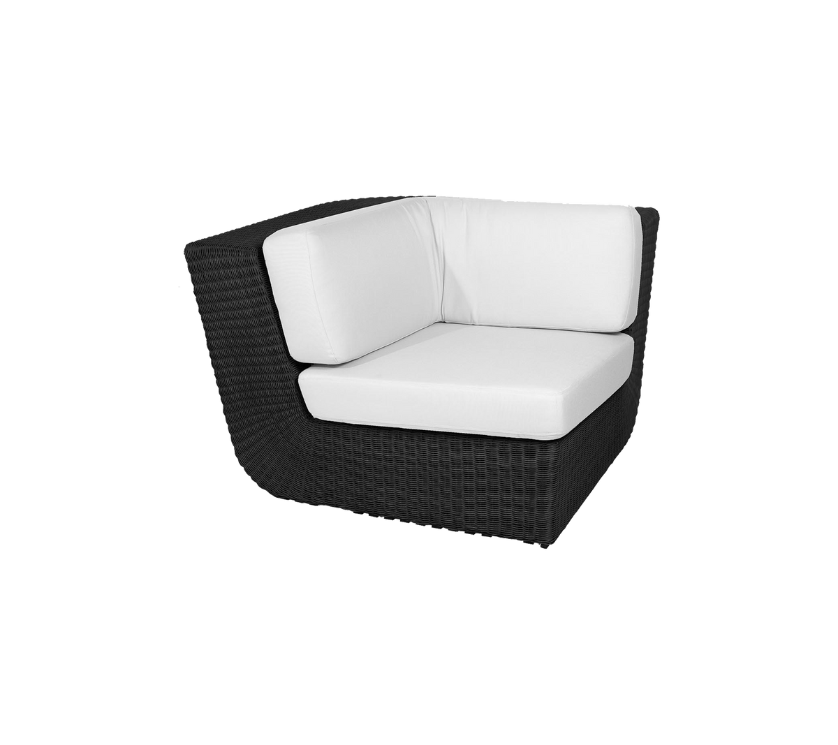 Stylischer Eckstuhl mit einem eleganten schwarz gewebten Design und bequemen weißen Kissen, perfekt für moderne Sitzanordnungen.