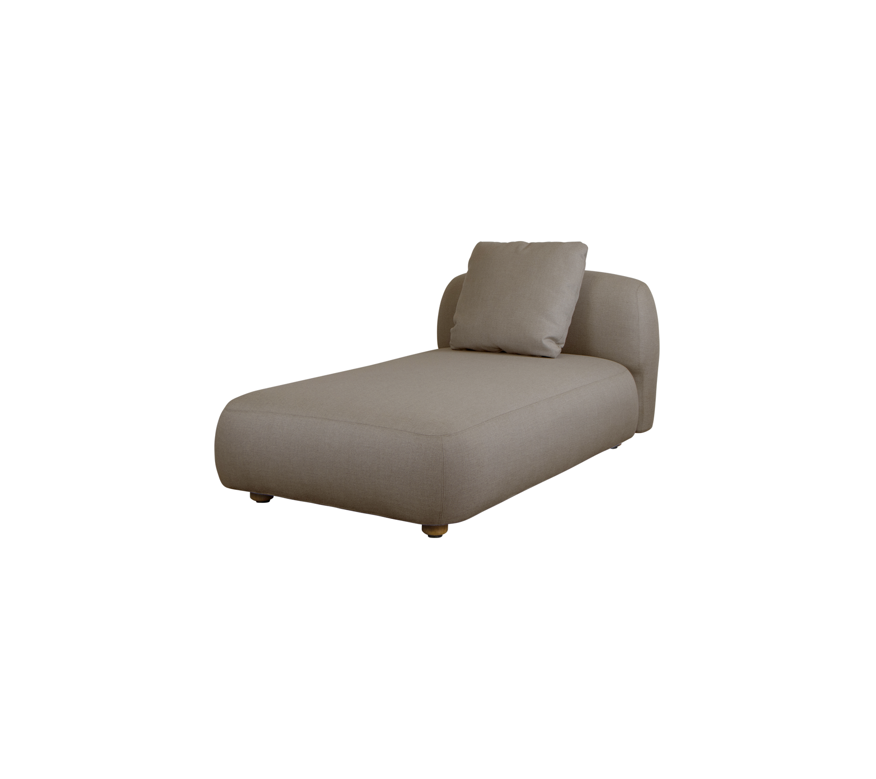 Zeitgenössische Chaiselongue in einem neutralen Stoff, mit einem stilvollen, minimalistischen Design und einem plüschigen Kissen für Komfort.