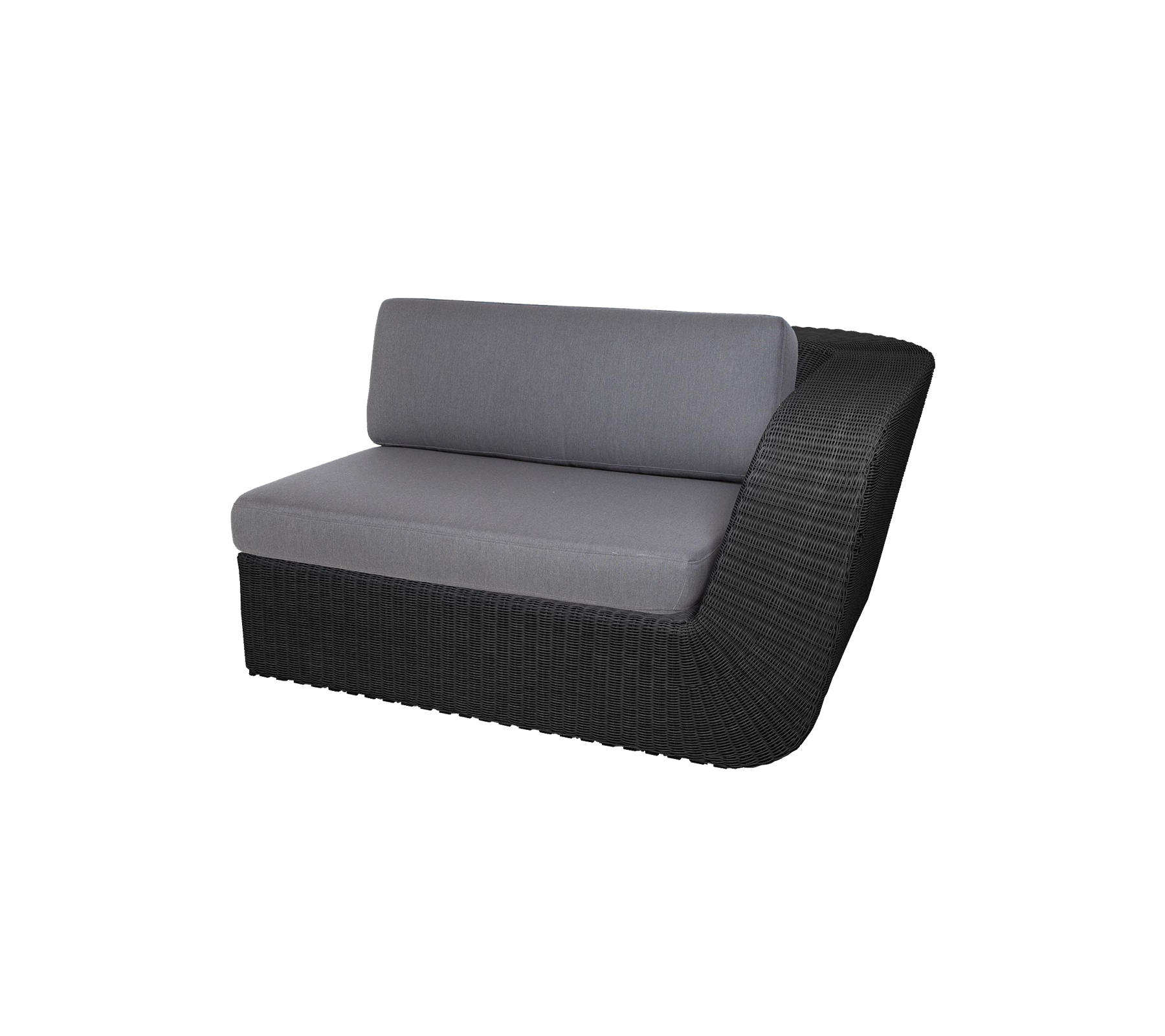 Stylischer, geschwungener Loveseat mit einem eleganten schwarzen Geflecht-Basis und bequemen grauen Kissen für modernes Sitzen.