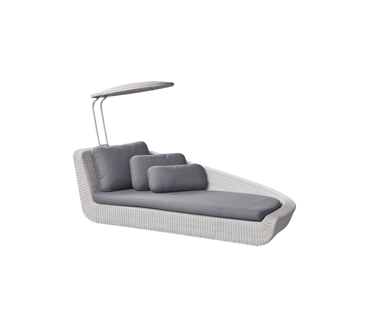 Stylischer Lounge-Stuhl mit sleekem Design, ausgestattet mit grauen Kissen und einem schützenden Dach für zusätzlichen Komfort. Perfekt zum Entspannen.