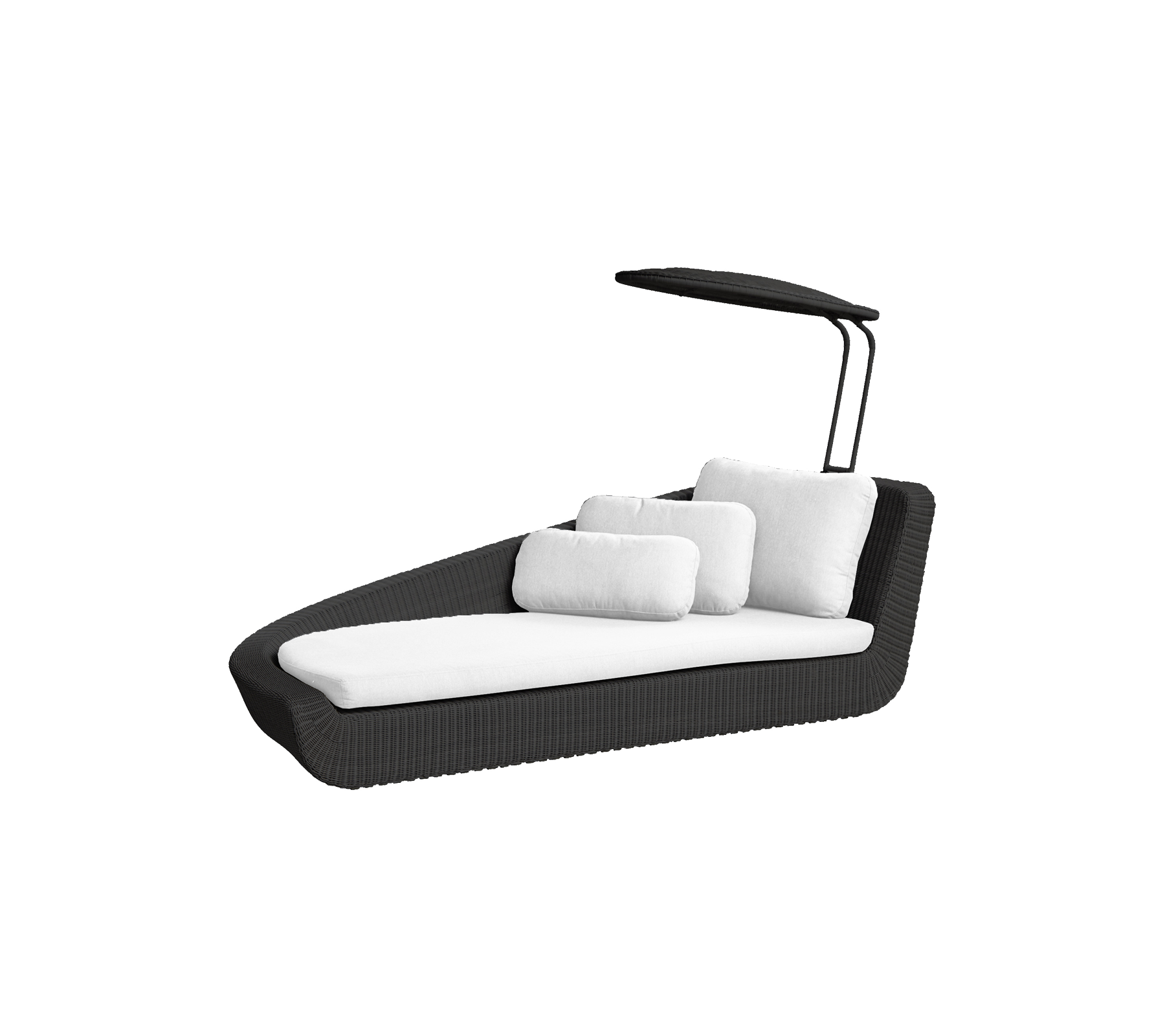 Stylischer Loungesessel für den Außenbereich mit einem eleganten Design, ausgestattet mit plüschigen weißen Kissen und einem schützenden Baldachin für Komfort und Entspannung.
