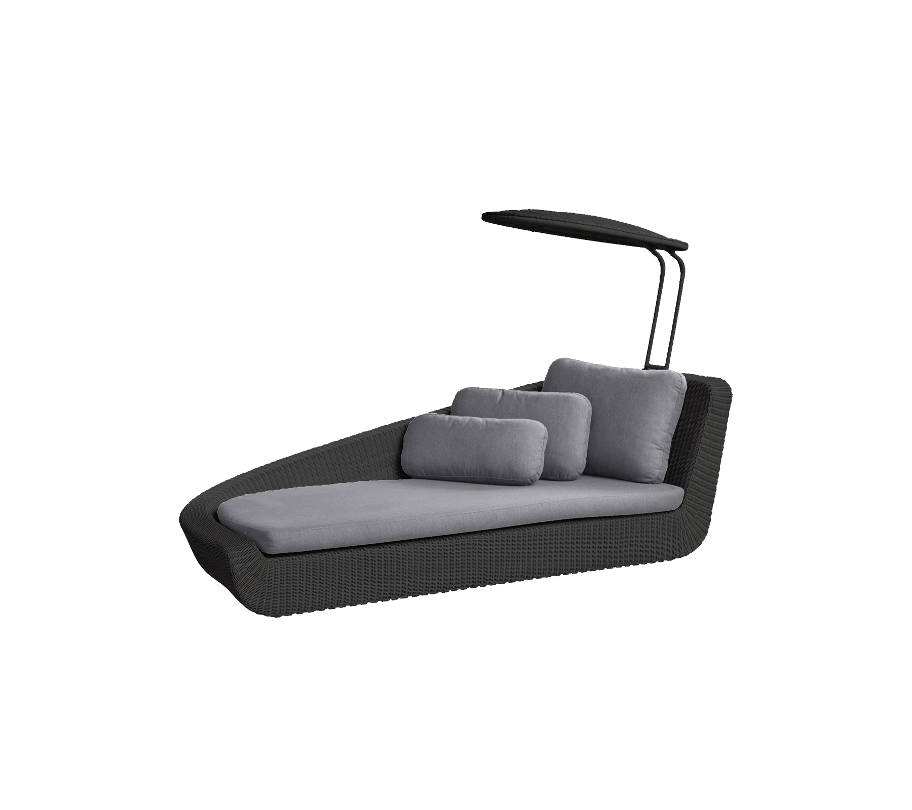 Stylischer Loungesessel mit modernem Design, ausgestattet mit einem Baldachin und plüschigen grauen Kissen für Komfort und Entspannung.