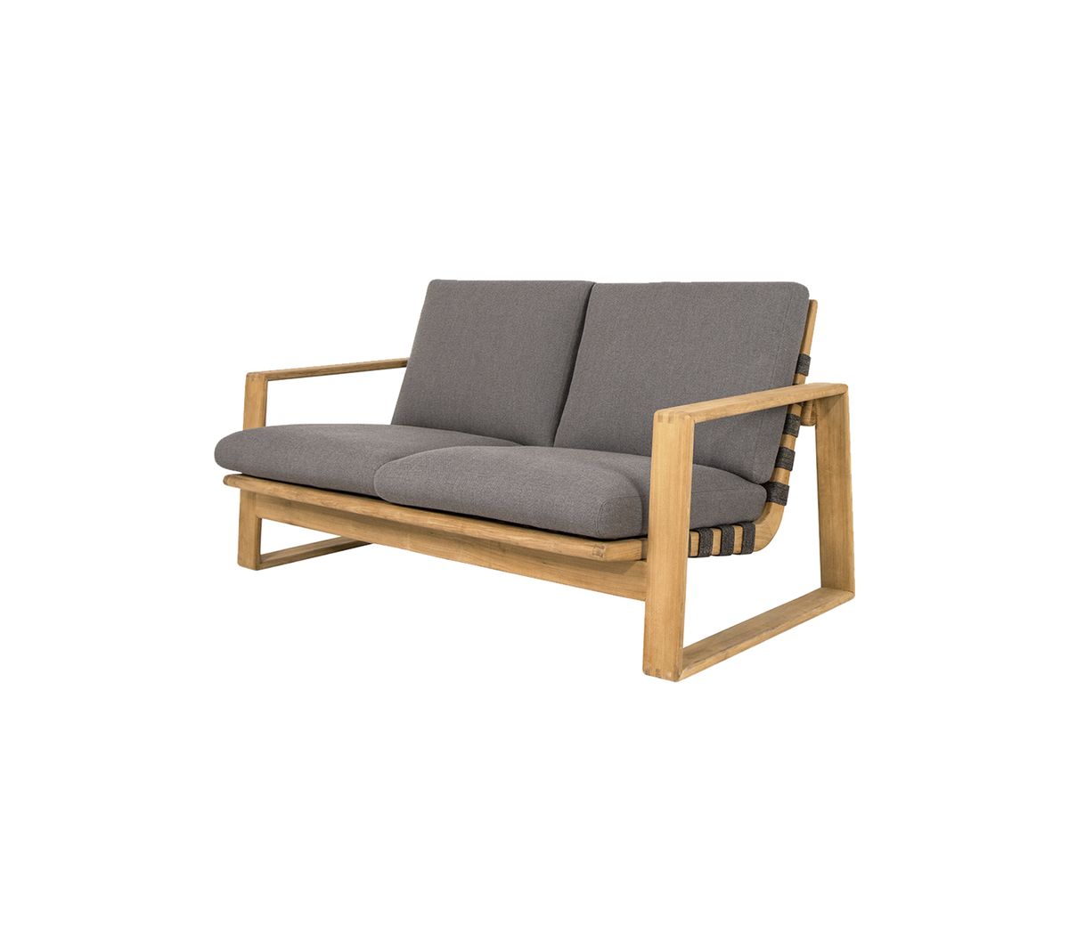 Zweisitzer-Sofa mit einem hellen Holzrahmen und grauen Kissen, modernem Design und bequemen Sitzgelegenheiten.
