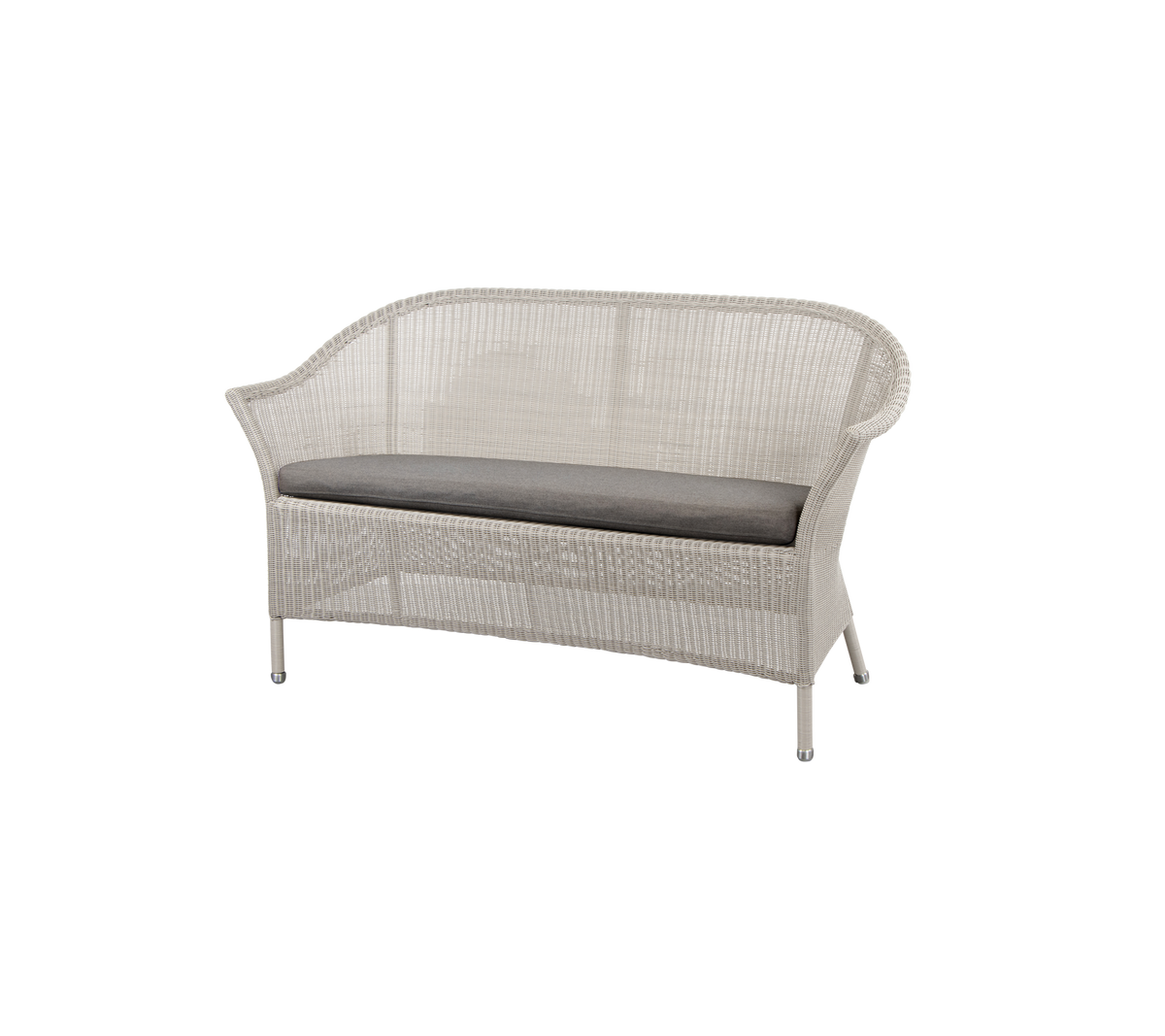 Elegantes gewebtes Loveseat mit einem weichen grauen Kissen, entworfen für Komfort und Stil in jeder Sitzanordnung.