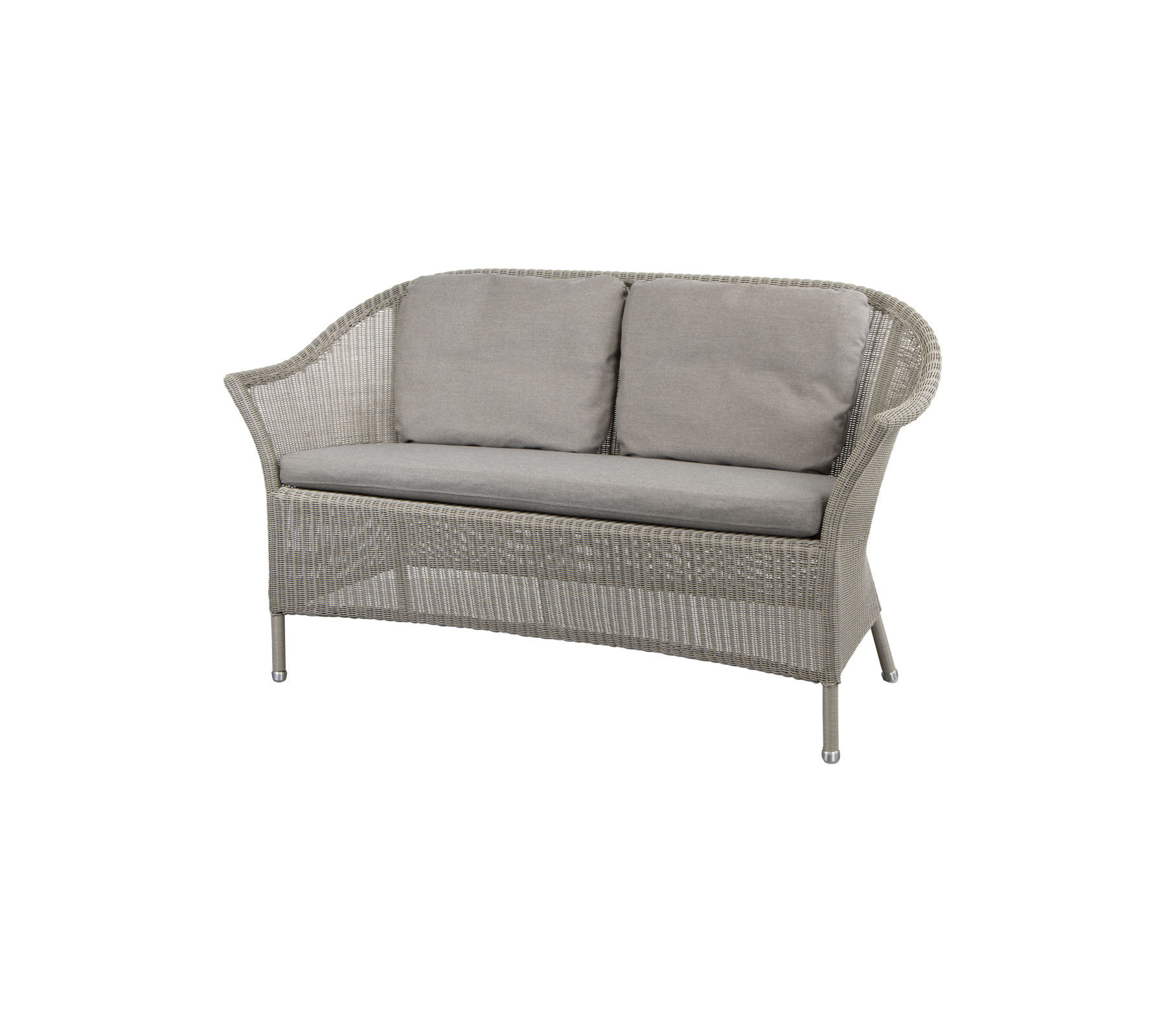 Gemütliches Zweisitzer-Sofa mit hellgrauen Kissen und gewebtem Design, perfekt zum Entspannen und für stilvolles Sitzen.