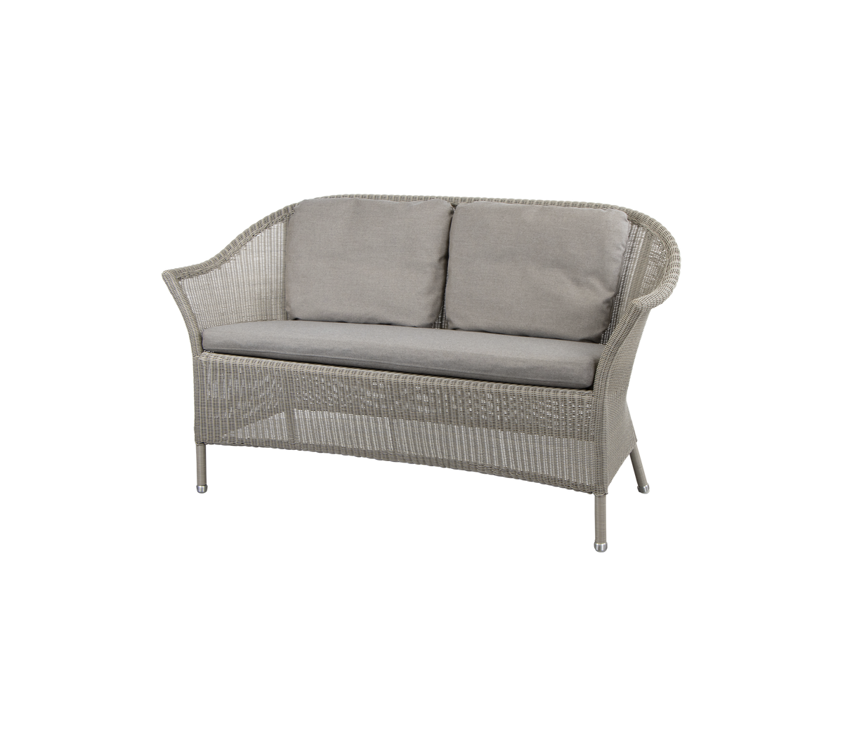 Gemütliches Zweisitzer-Sofa mit hellgrauen Kissen und gewebtem Design, perfekt zum Entspannen und für stilvolles Sitzen.
