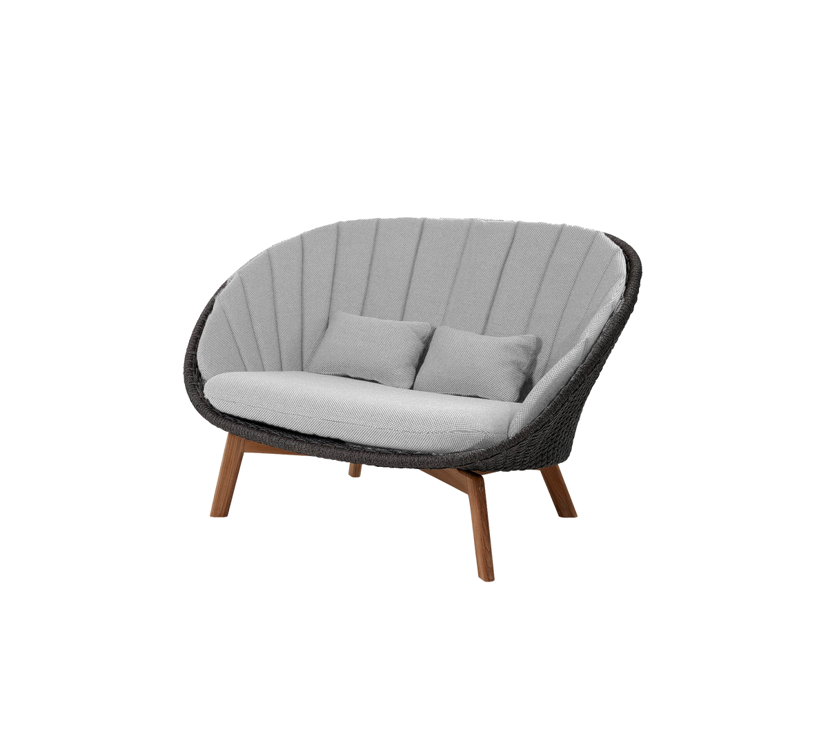 Stylische Zweisitzer-Sofa mit geschwungenem Design, ausgestattet mit grauem Polster und Holzbeinen, perfekt, um Komfort und modernen Flair zu verleihen.