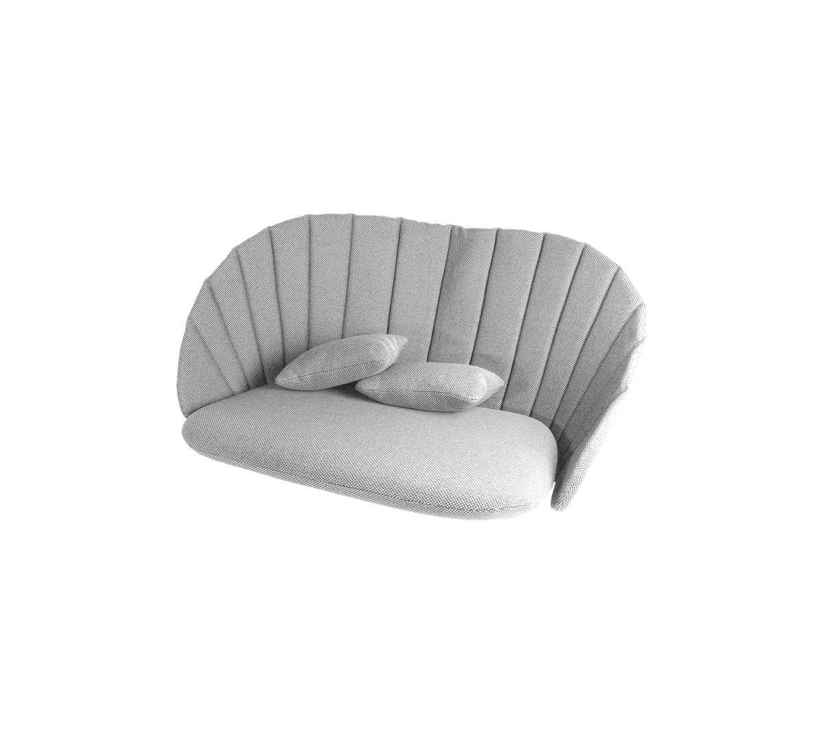 Stilsofa mit weichem grauem Stoff und drei plüschigen Kissen, das über ein geripptes Design für zusätzliche Eleganz verfügt.