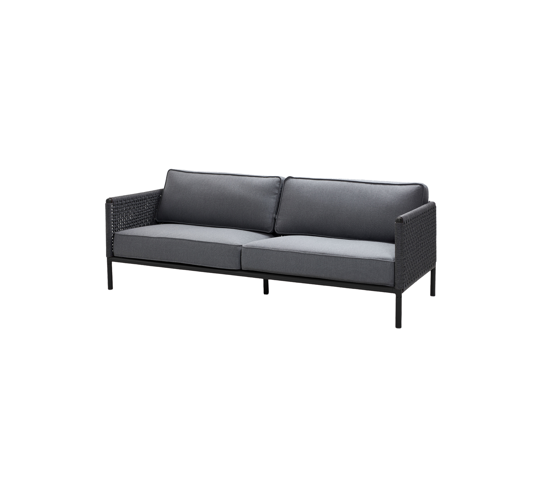 Stylische Zweisitzer-Sofa mit einem schwarzen Rahmen und grauen Kissen, das ein gewobenes Design für zusätzliche Textur und Komfort bietet.