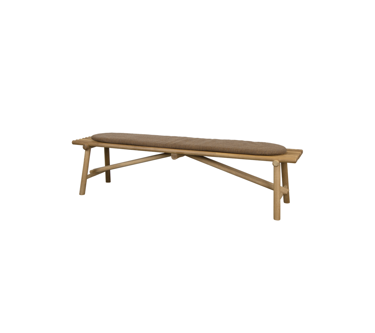 Holzbank mit einer geschwungenen Sitzfläche und gekreuztem Bein-Design, das eine stilvolle und minimalistische Sitzlösung bietet.